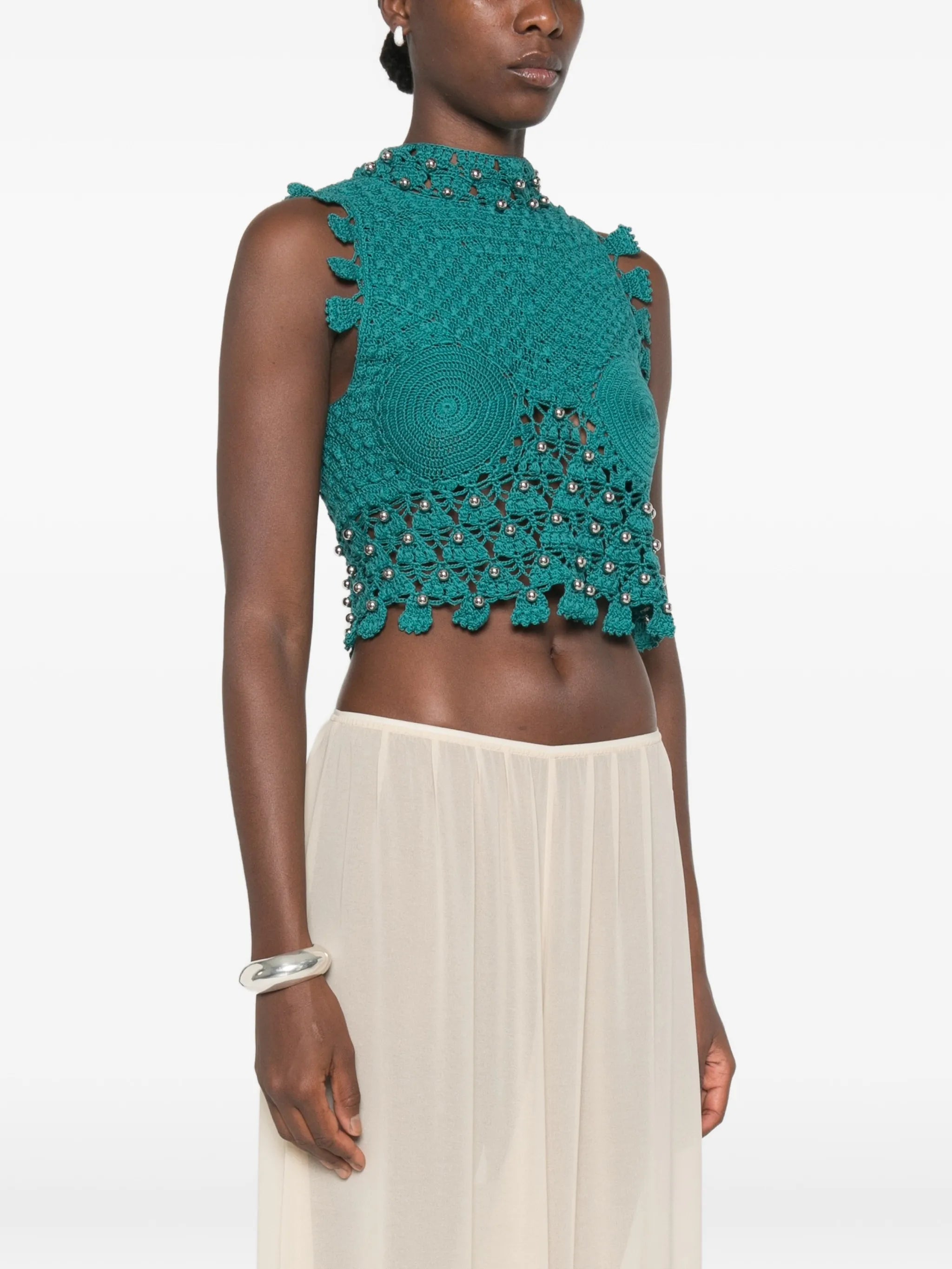 crochet-knit sphere-embellished top