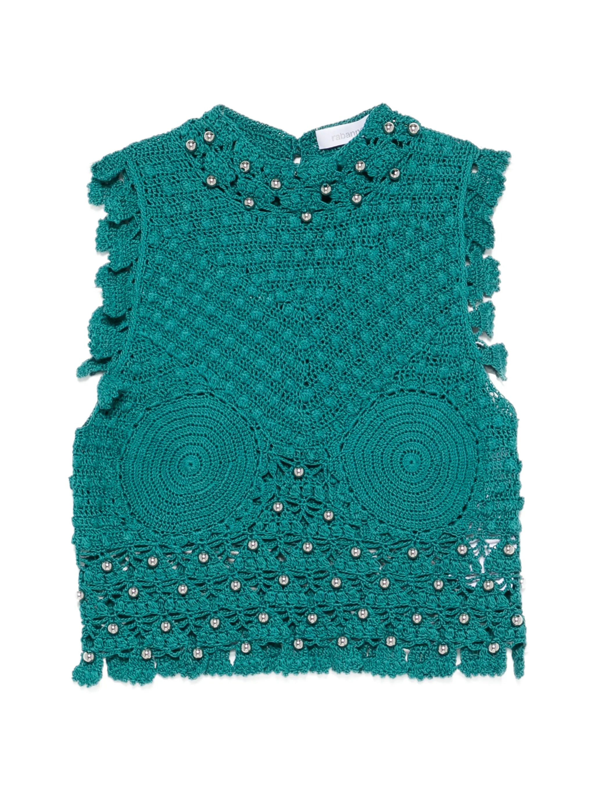crochet-knit sphere-embellished top