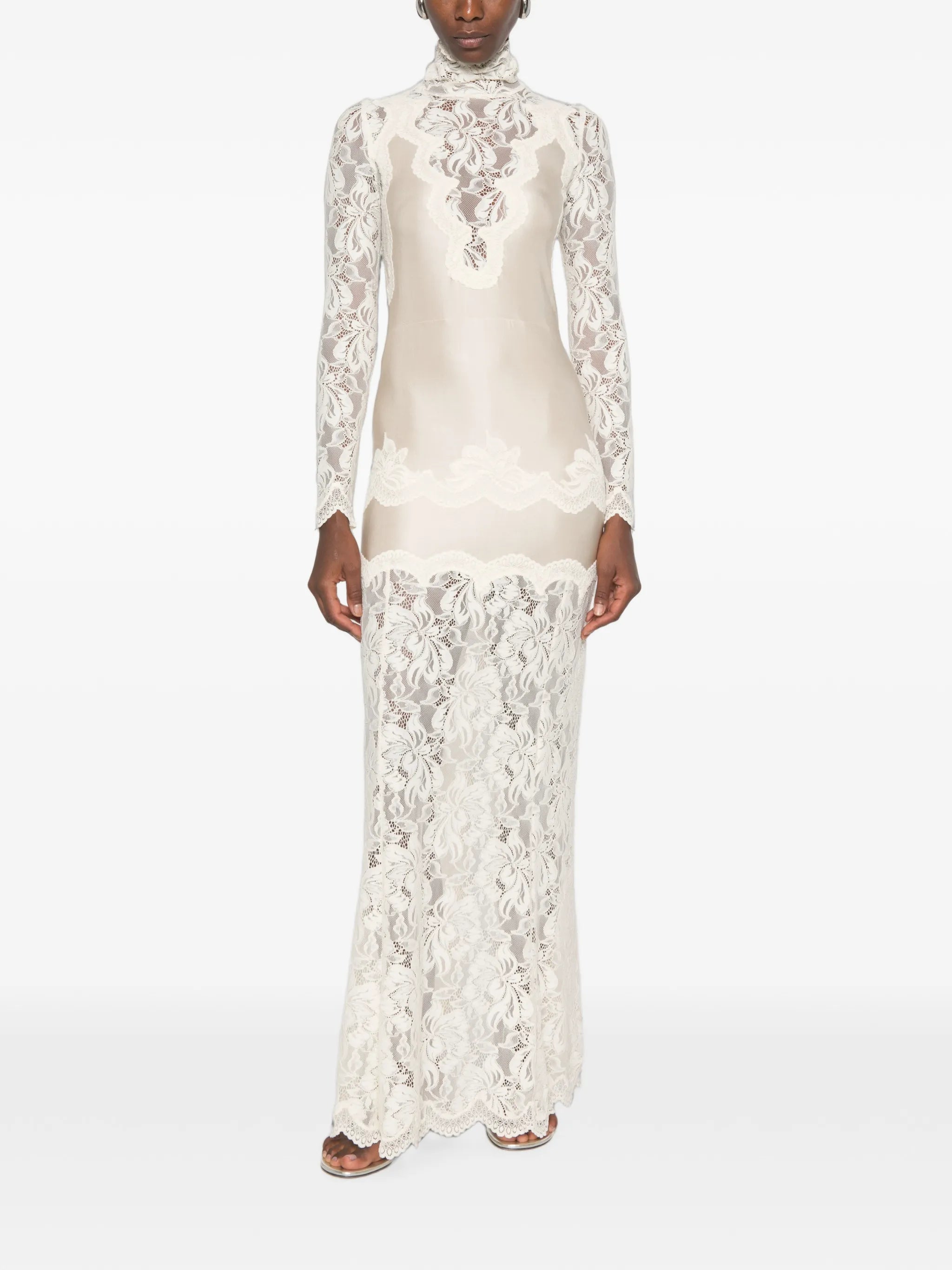 lace-panelled long-sleeve maxi dress