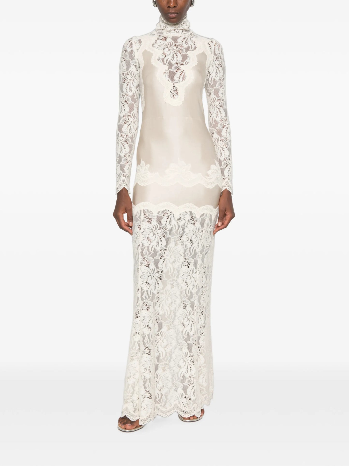 lace-panelled long-sleeve maxi dress