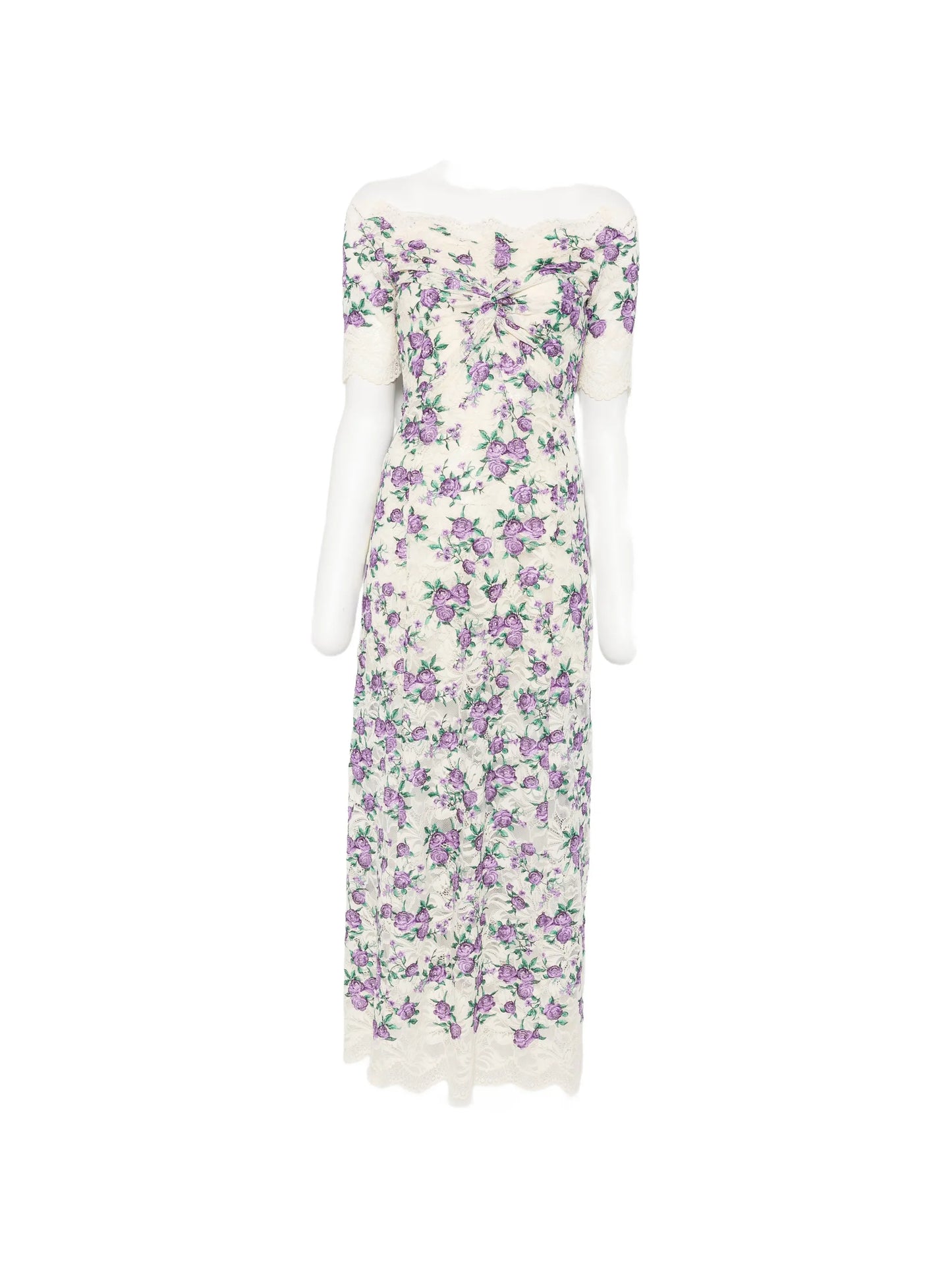 floral-embroidered lace-texture midi dress