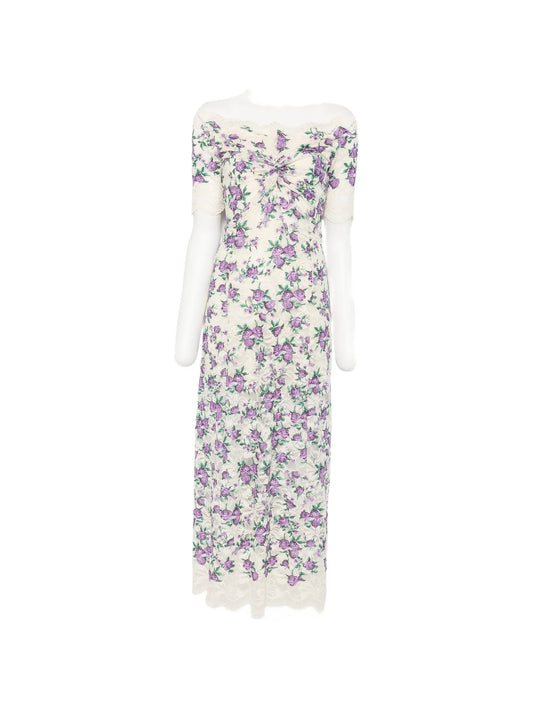 floral-embroidered lace-texture midi dress