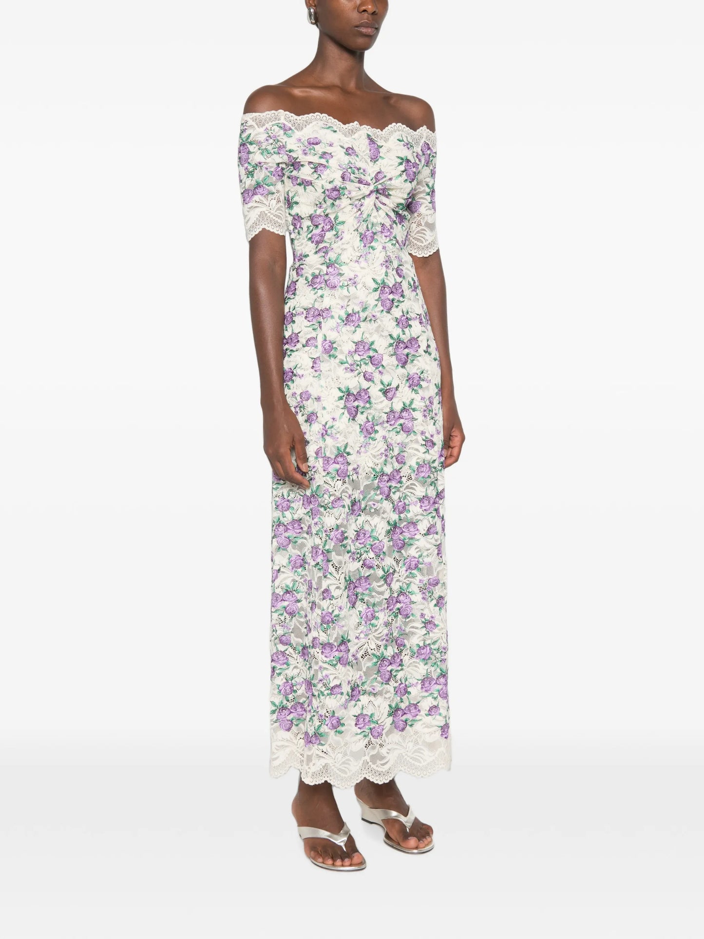 floral-embroidered lace-texture midi dress