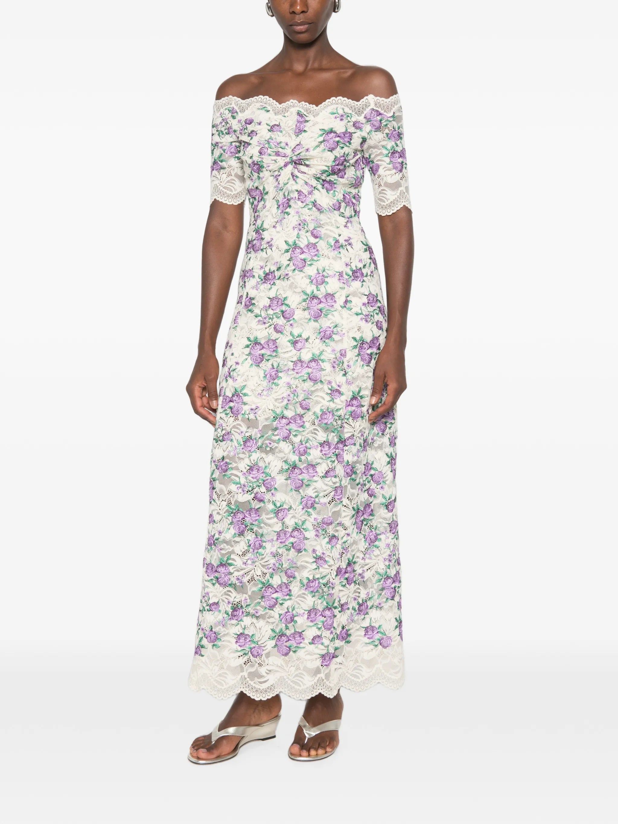 floral-embroidered lace-texture midi dress