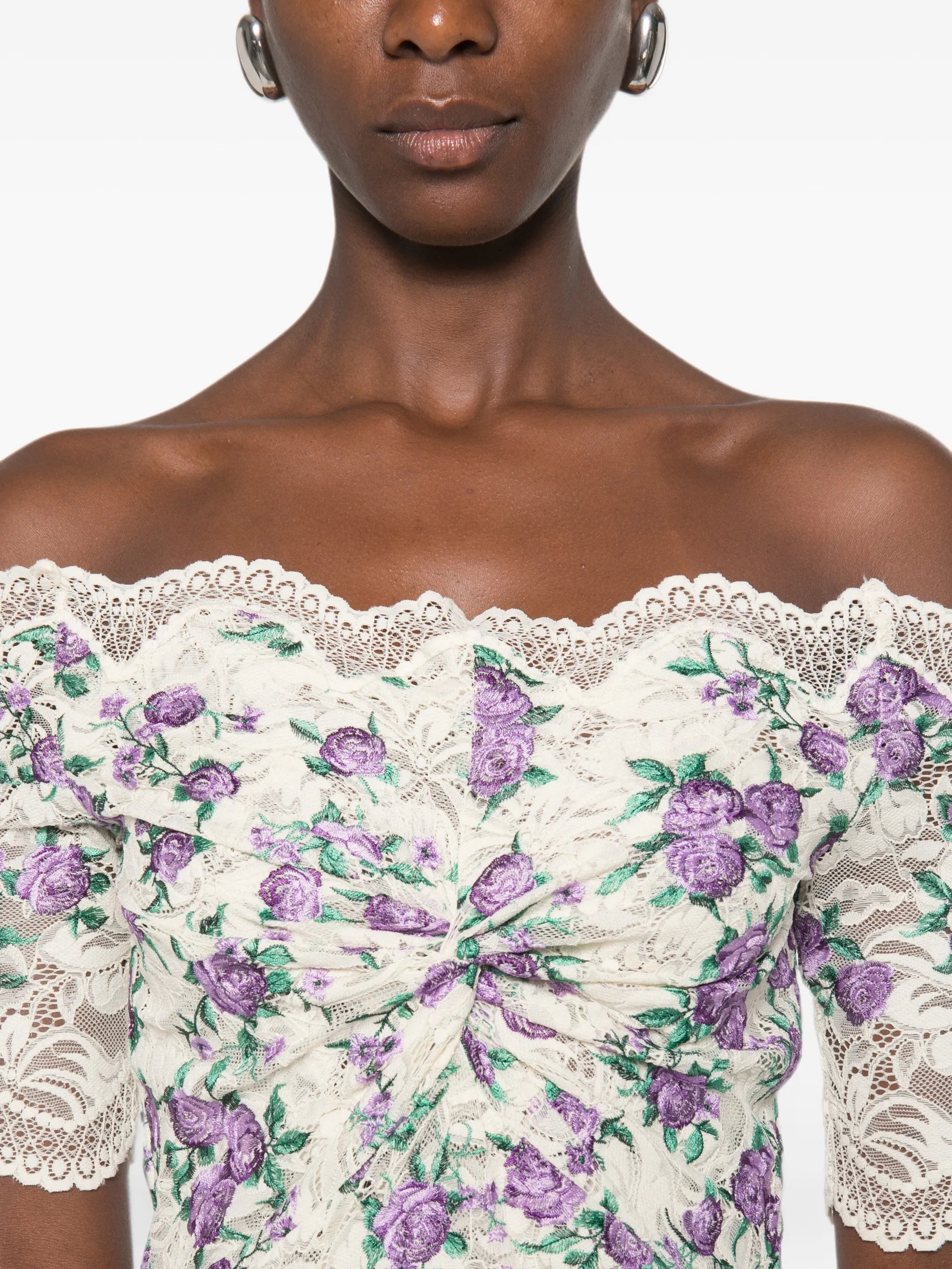 floral-embroidered lace-texture midi dress