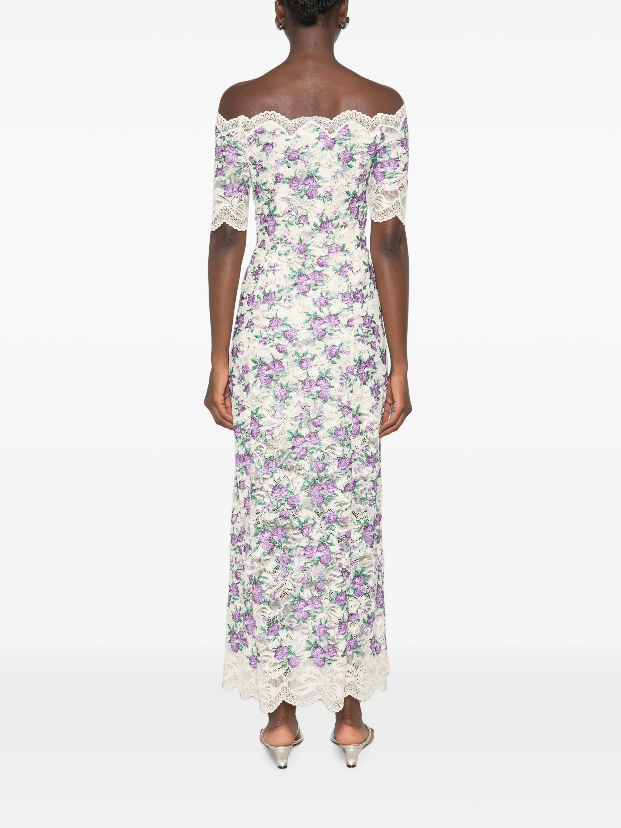 floral-embroidered lace-texture midi dress
