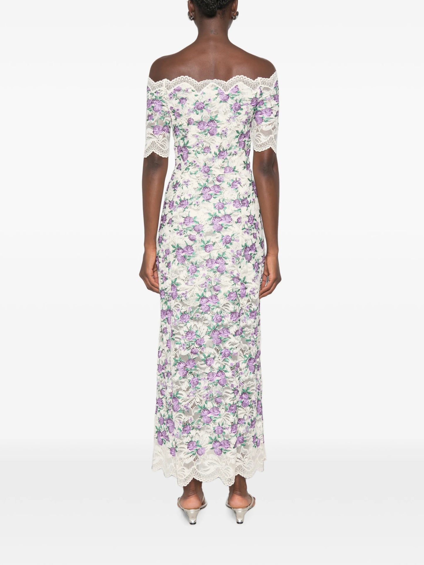 floral-embroidered lace-texture midi dress