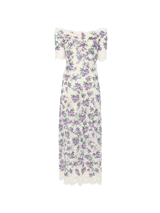 floral-embroidered lace-texture midi dress
