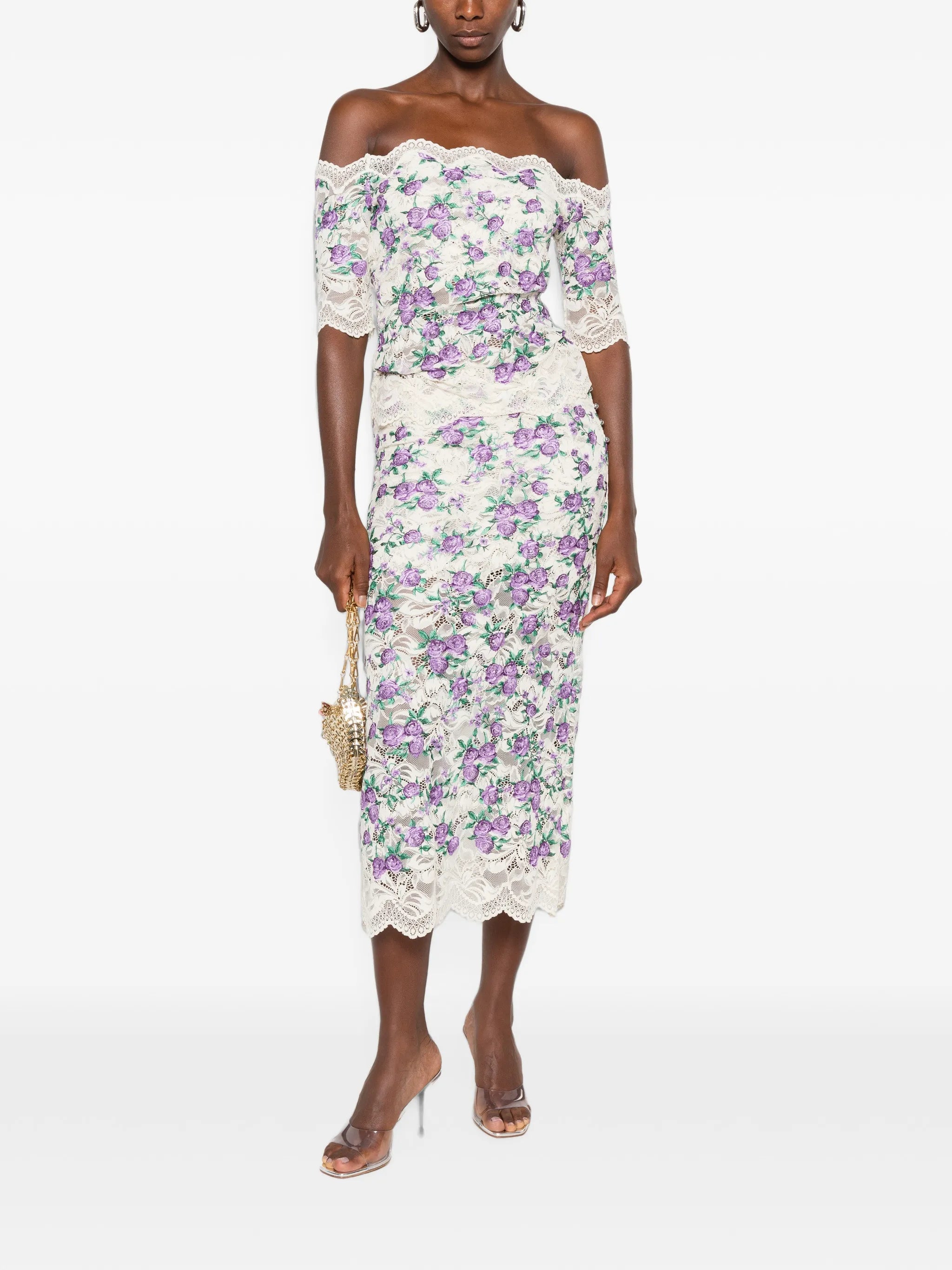 embroidered lace midi skirt