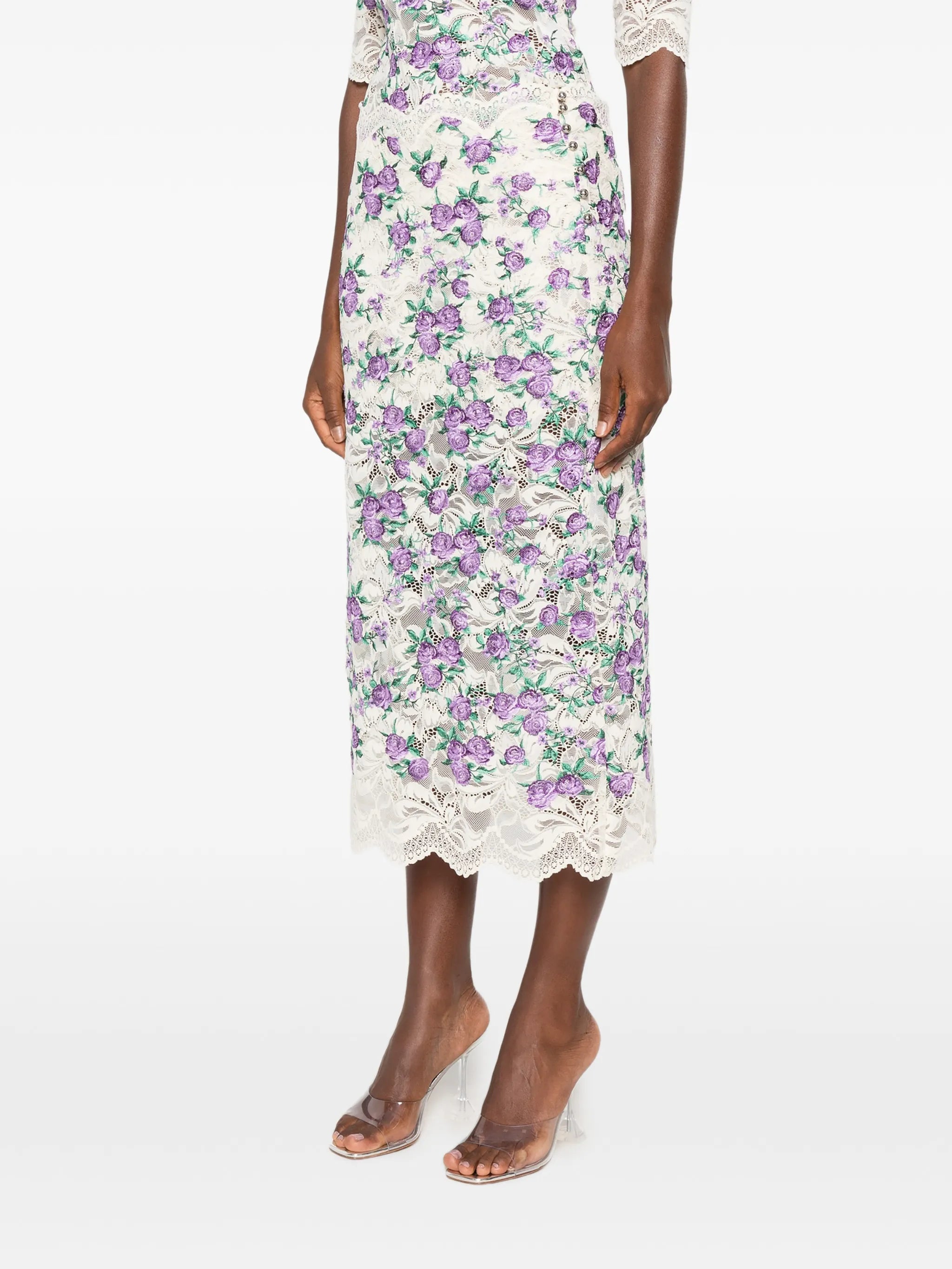 embroidered lace midi skirt