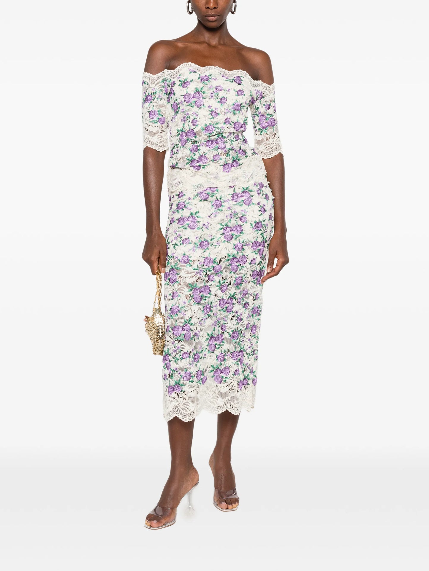 embroidered lace midi skirt