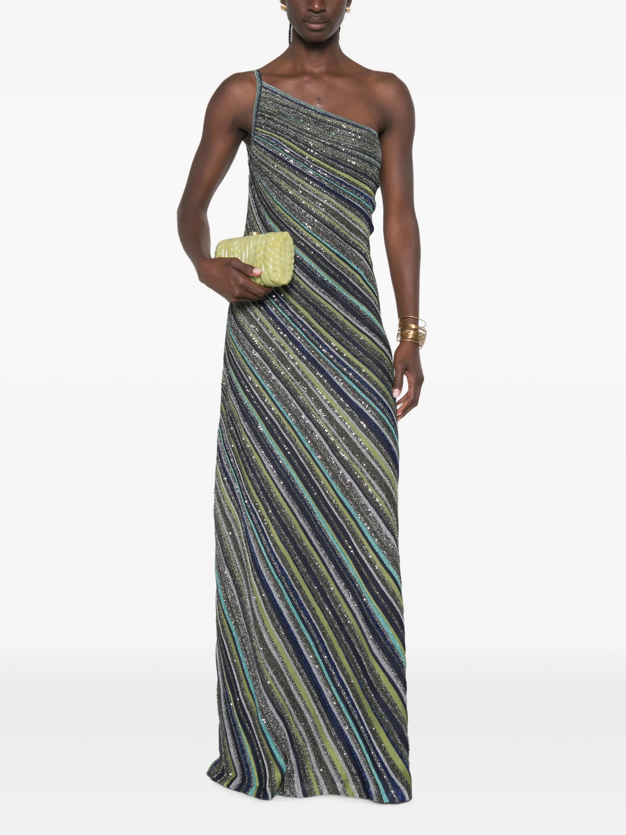 one-shoulder striped long dress with sequins