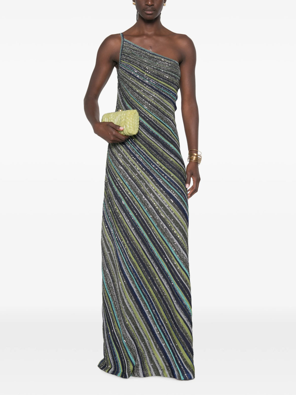 one-shoulder striped long dress with sequins