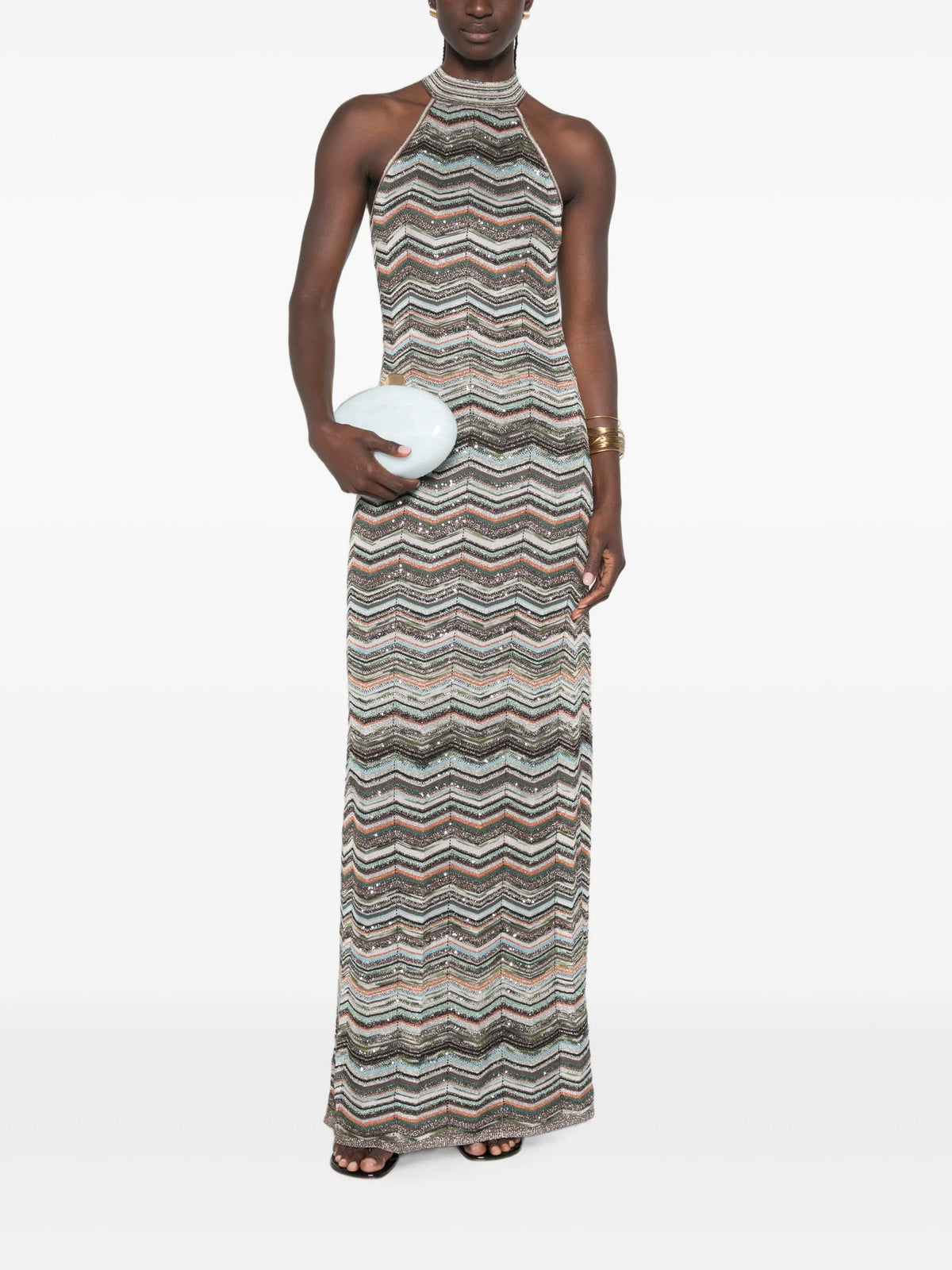 Chevron long dress with halterneck and sequins