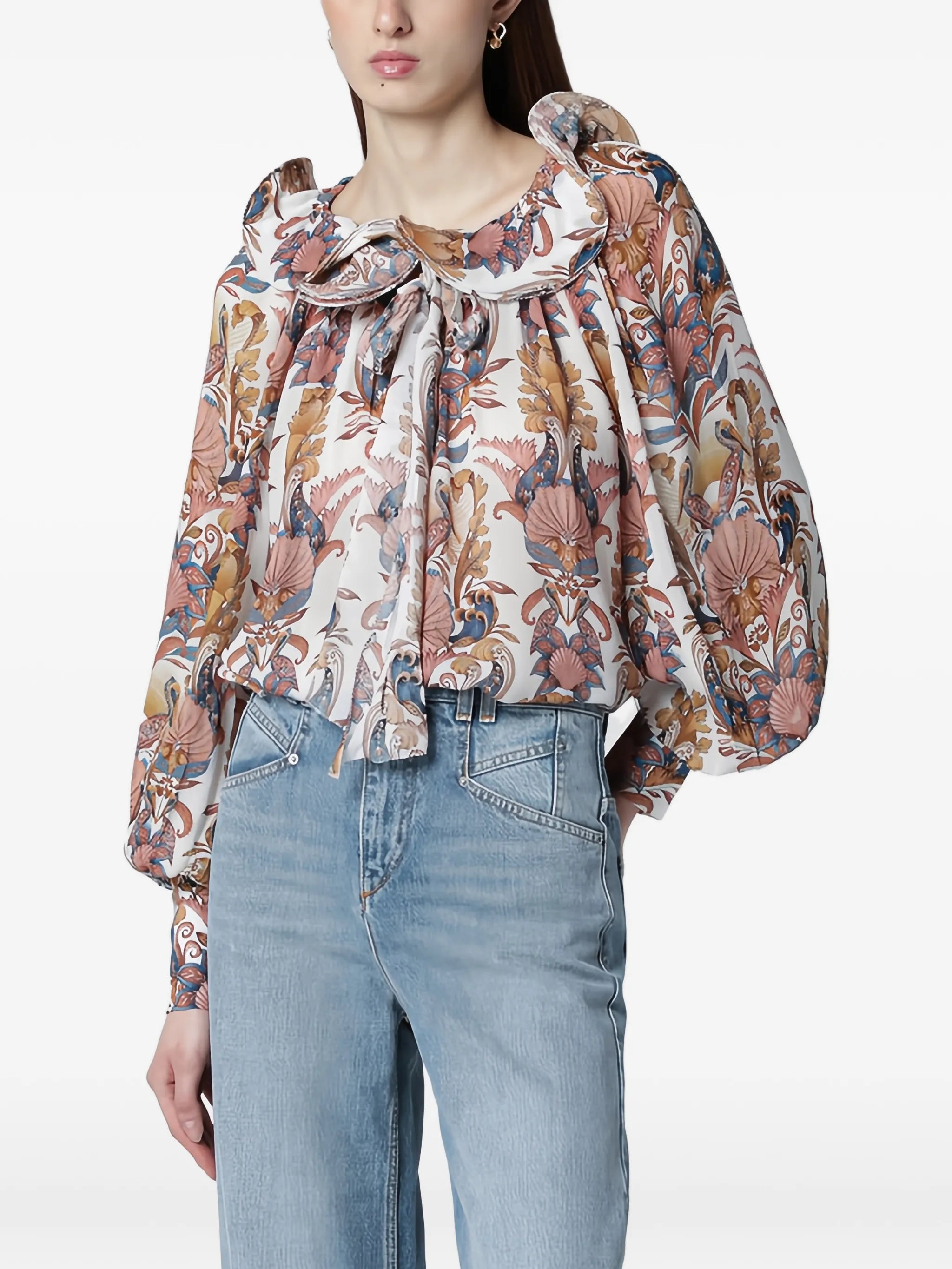 ruffled-collar floral-print blouse