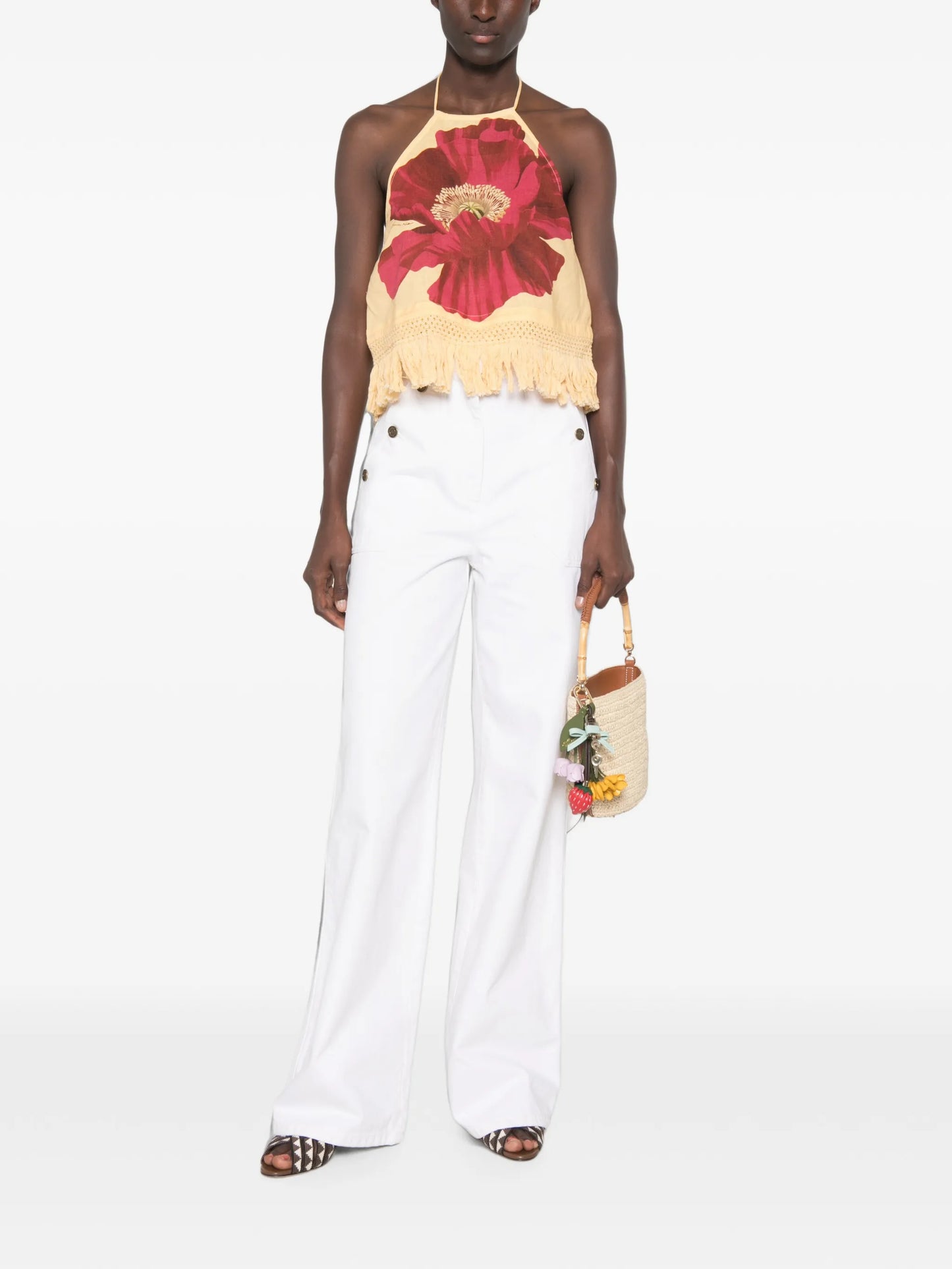 poppy-print fringe-trim top
