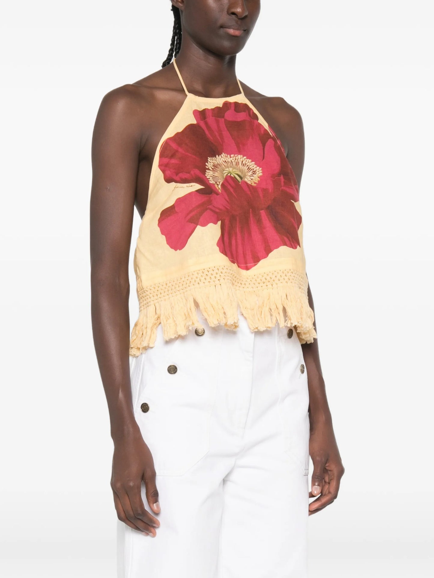 poppy-print fringe-trim top
