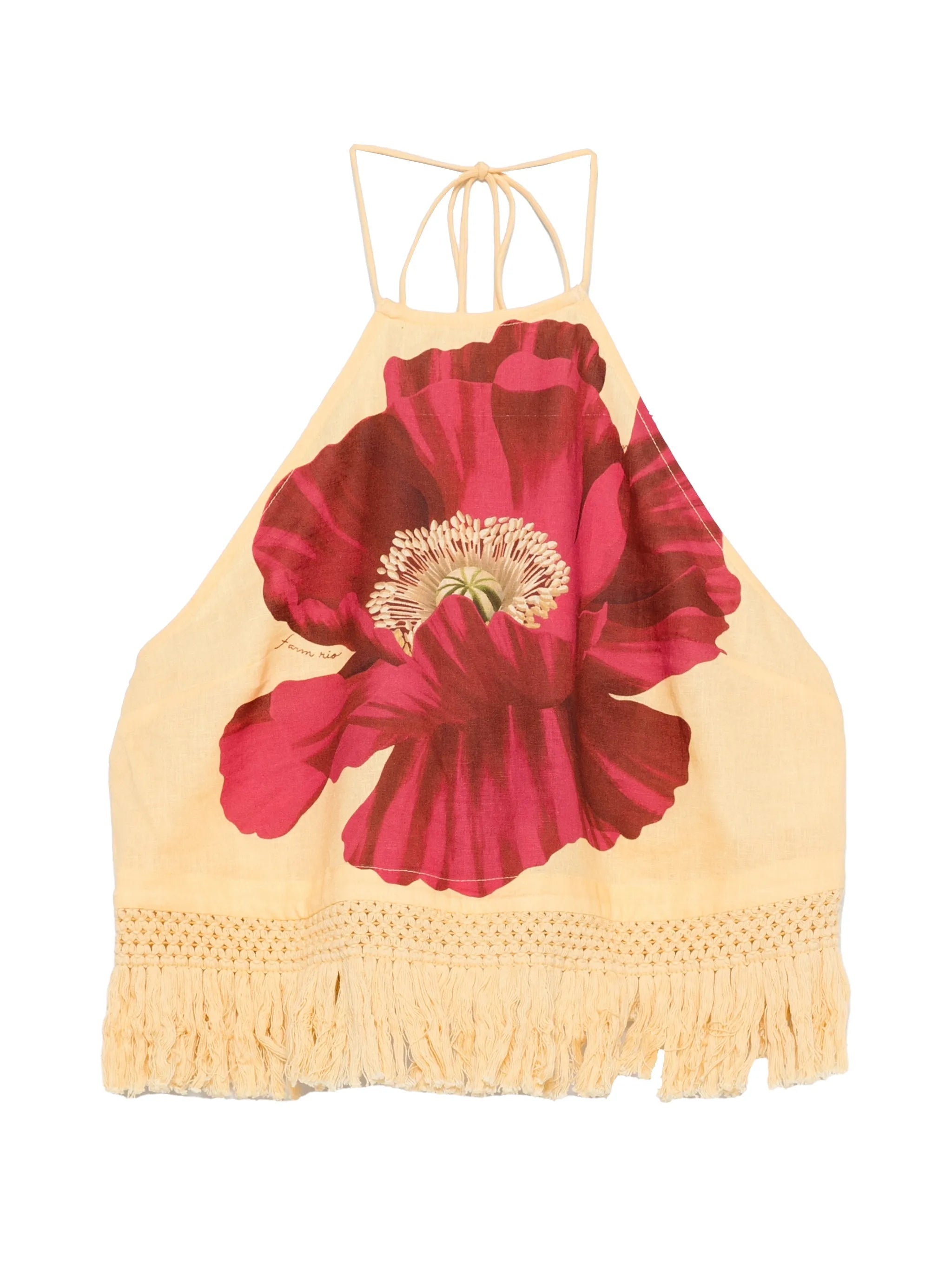 poppy-print fringe-trim top