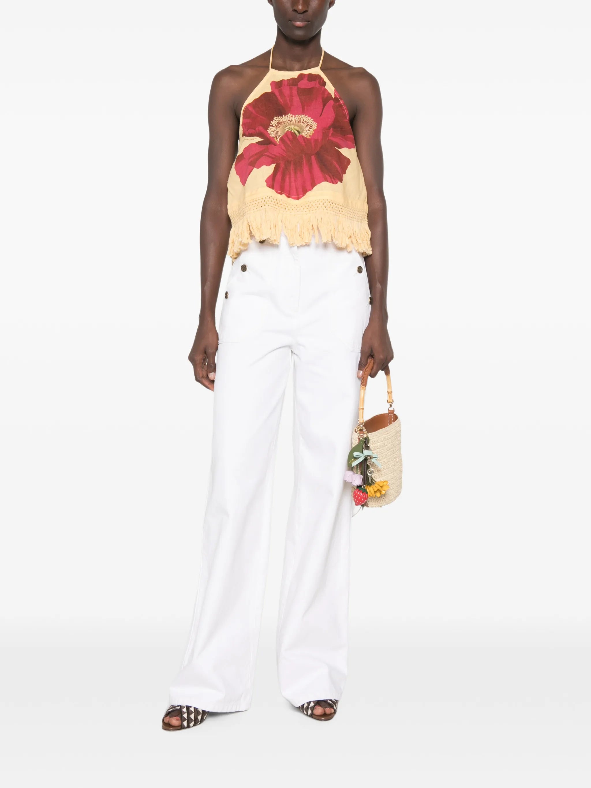 poppy-print fringe-trim top