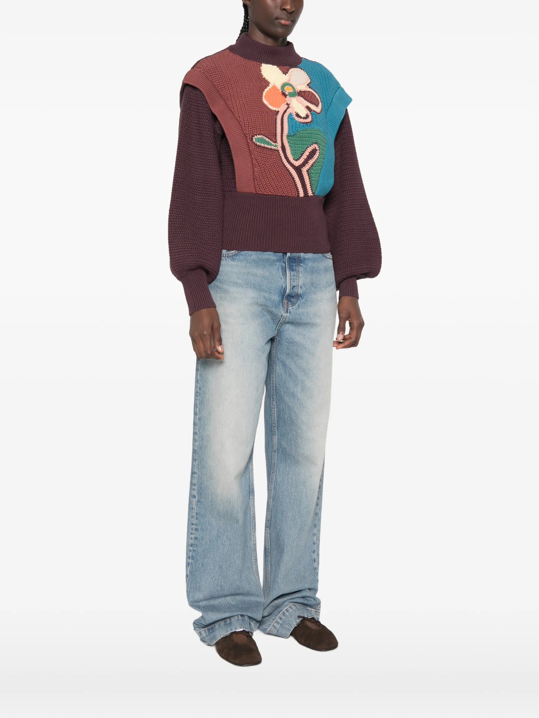 floral-intarsia balloon-sleeve sweater