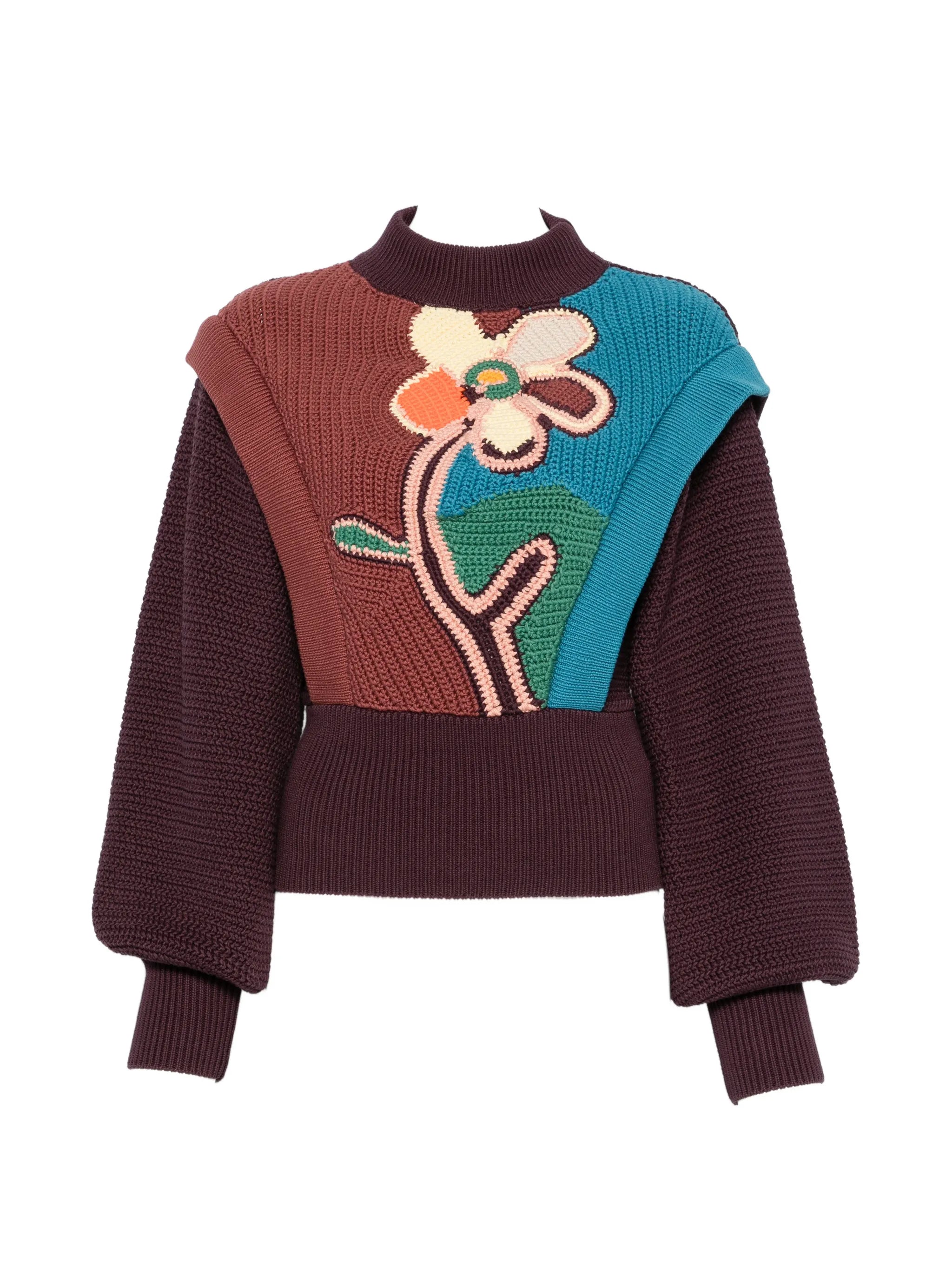 floral-intarsia balloon-sleeve sweater