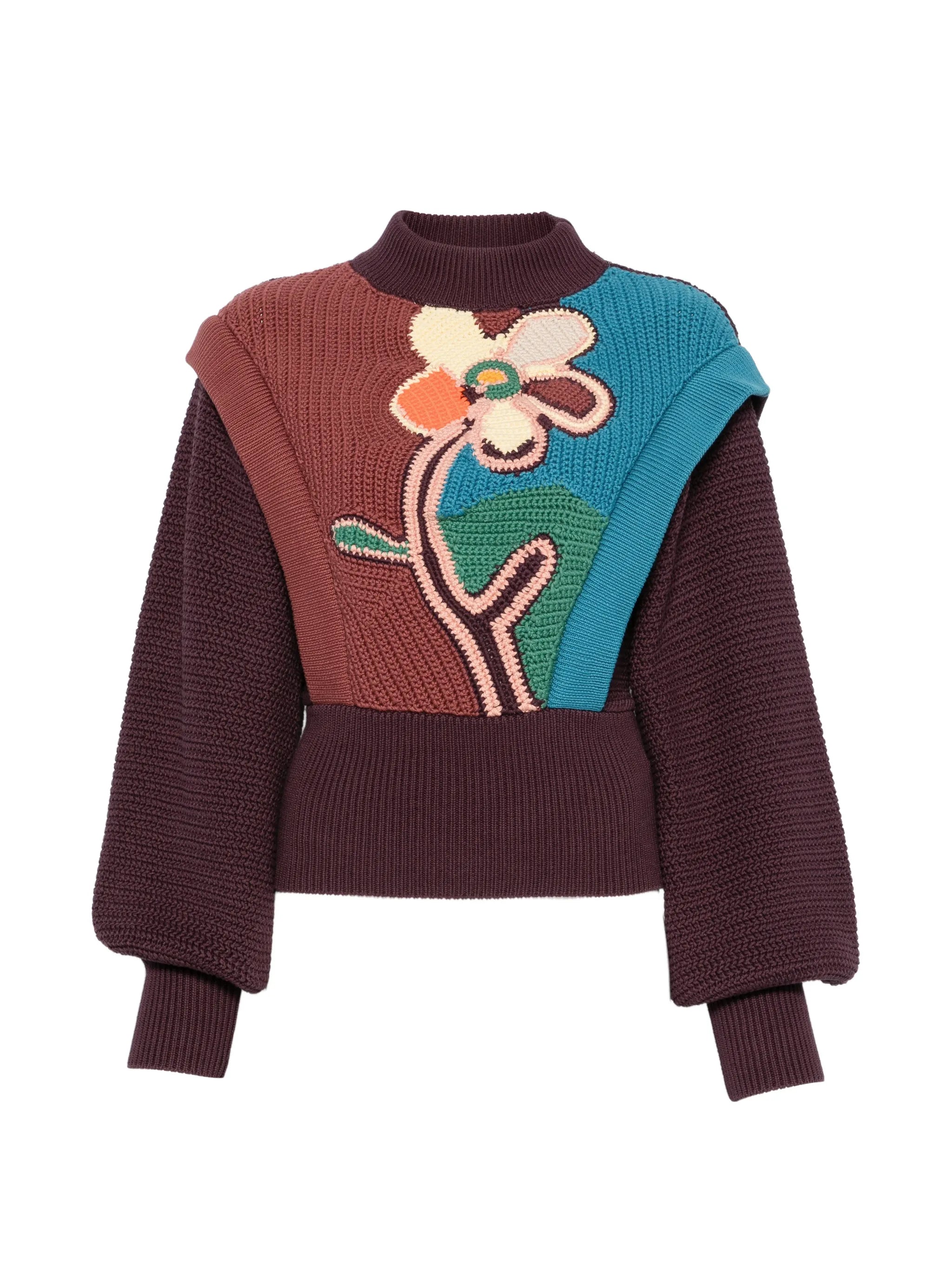 floral-intarsia balloon-sleeve sweater