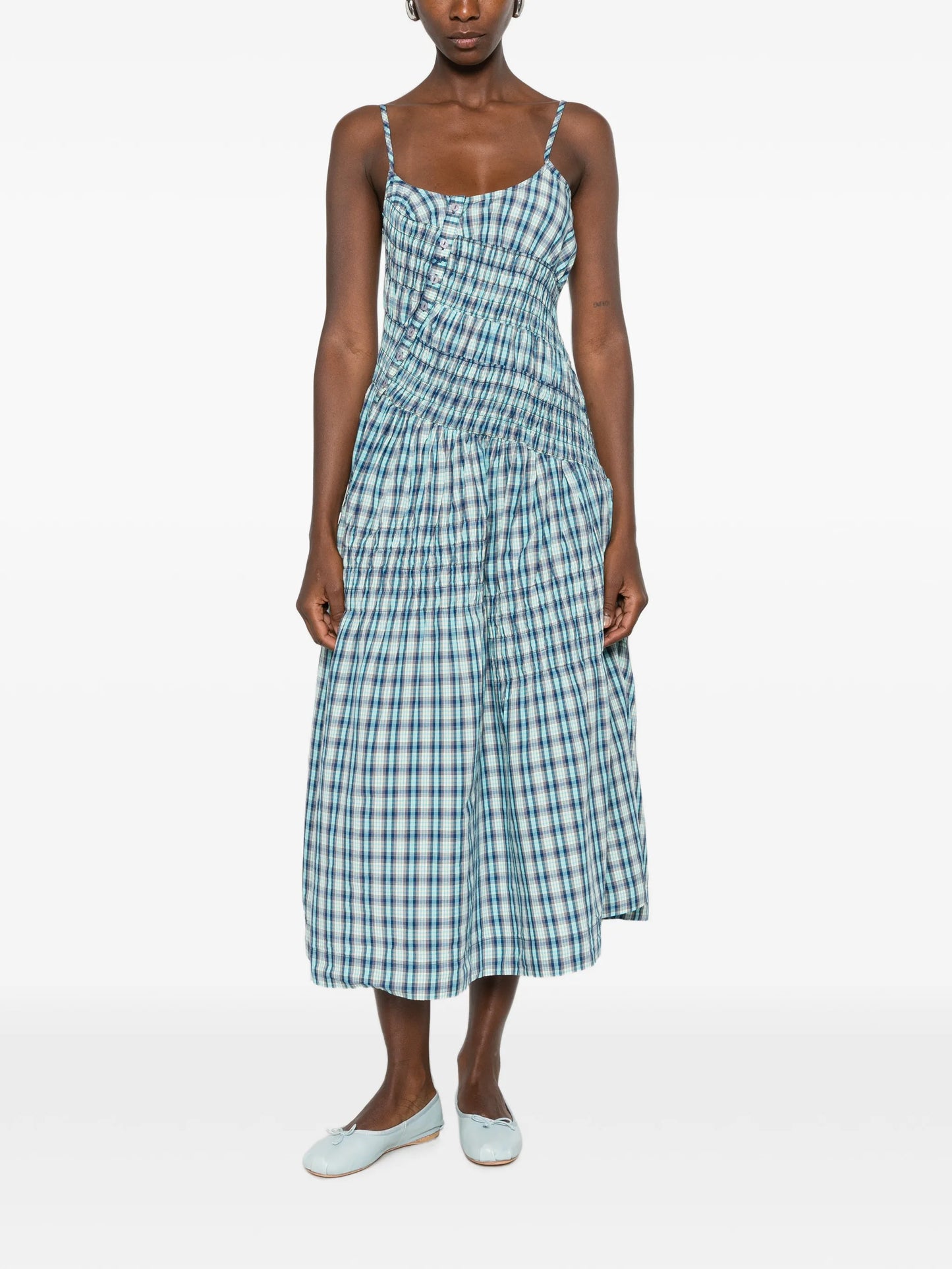 Lyra shirred checked midi dress