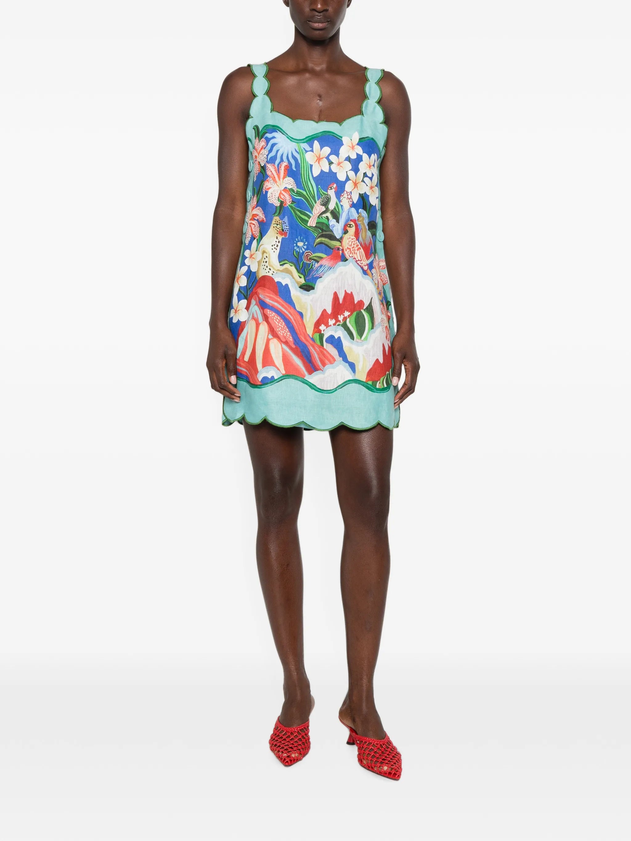 scalloped-trim graphic-print mini dress