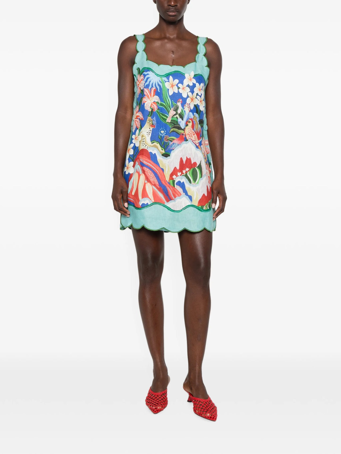 scalloped-trim graphic-print mini dress