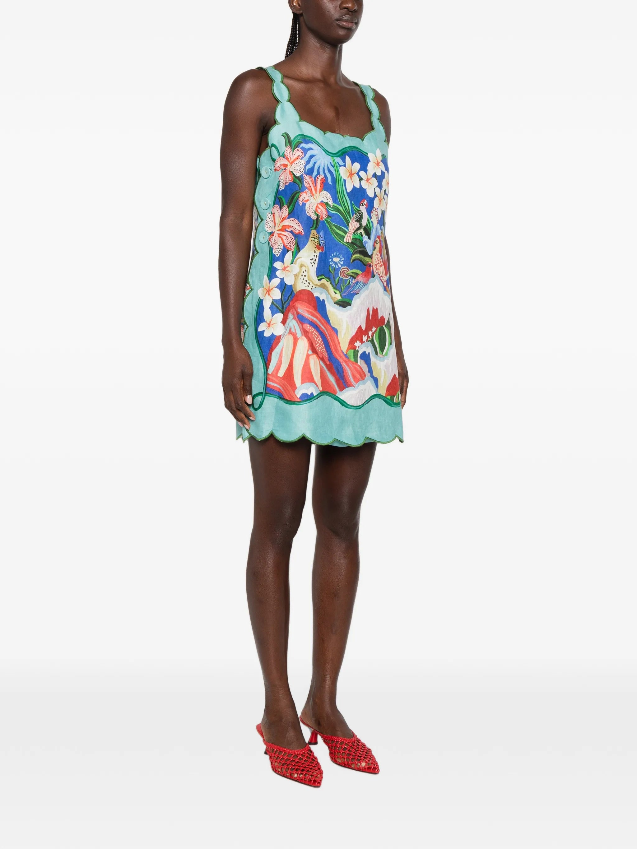 scalloped-trim graphic-print mini dress