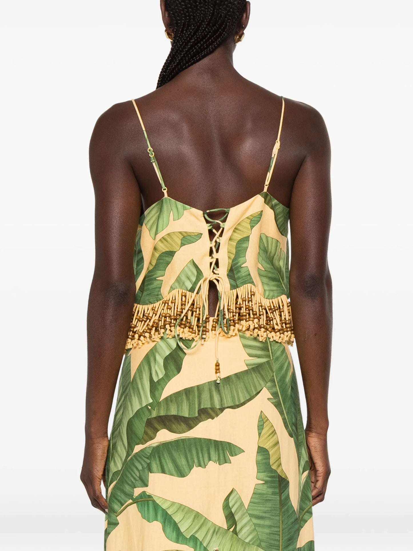 beaded-fringe leaf-print top