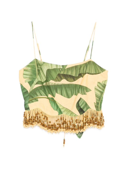 beaded-fringe leaf-print top