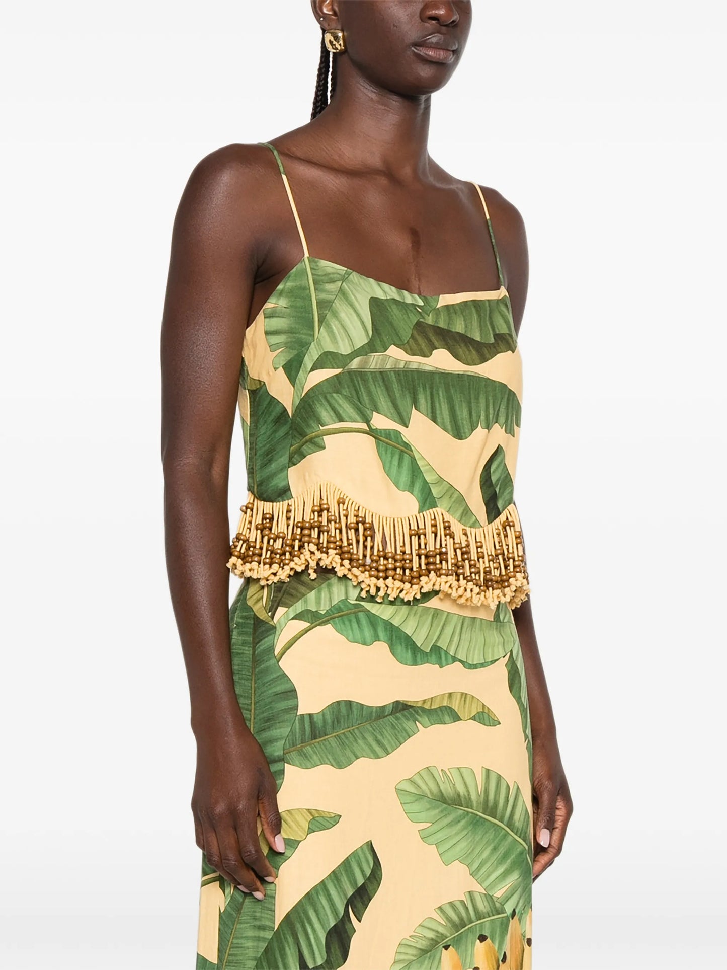 beaded-fringe leaf-print top