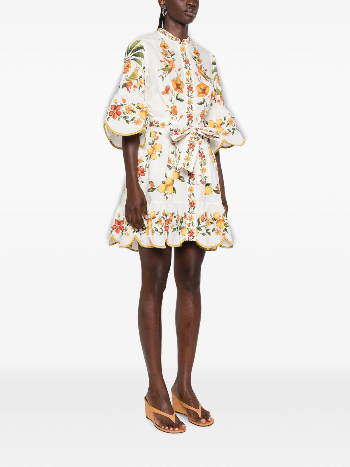 Lemon Bouquet belted puff sleeve mini dress
