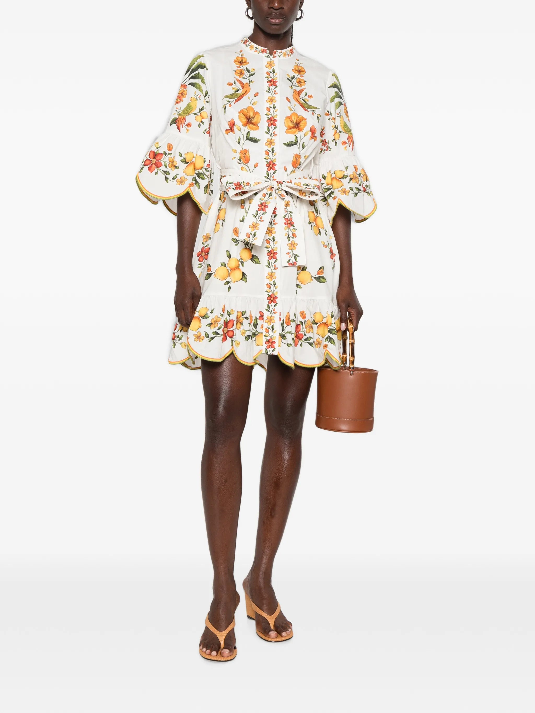 Lemon Bouquet belted puff sleeve mini dress