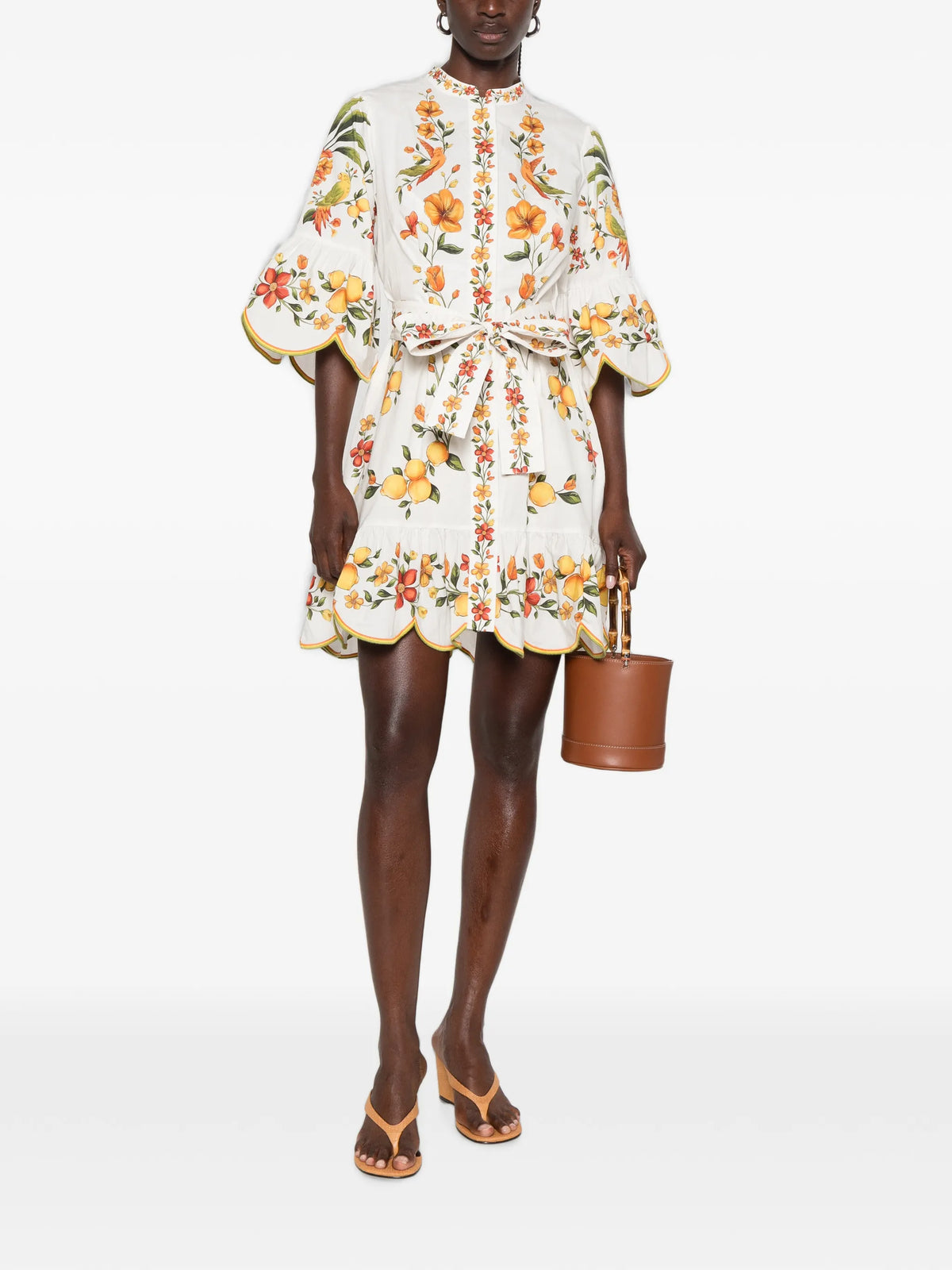 Lemon Bouquet belted puff sleeve mini dress