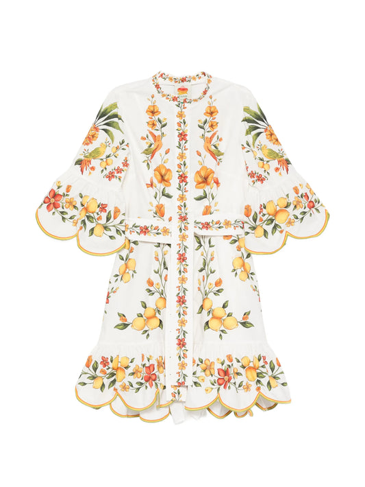 Lemon Bouquet belted puff sleeve mini dress