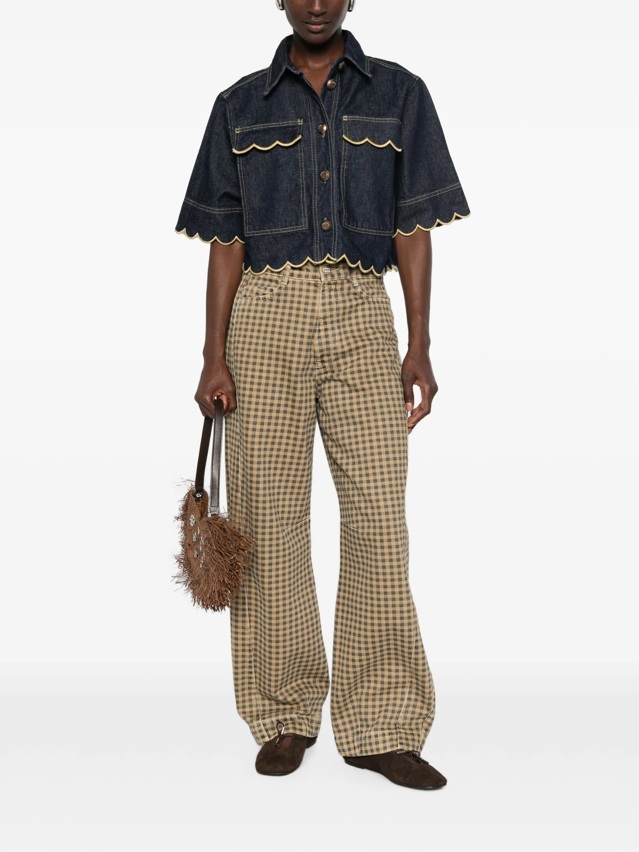 denim wavy hem short sleeve shirt