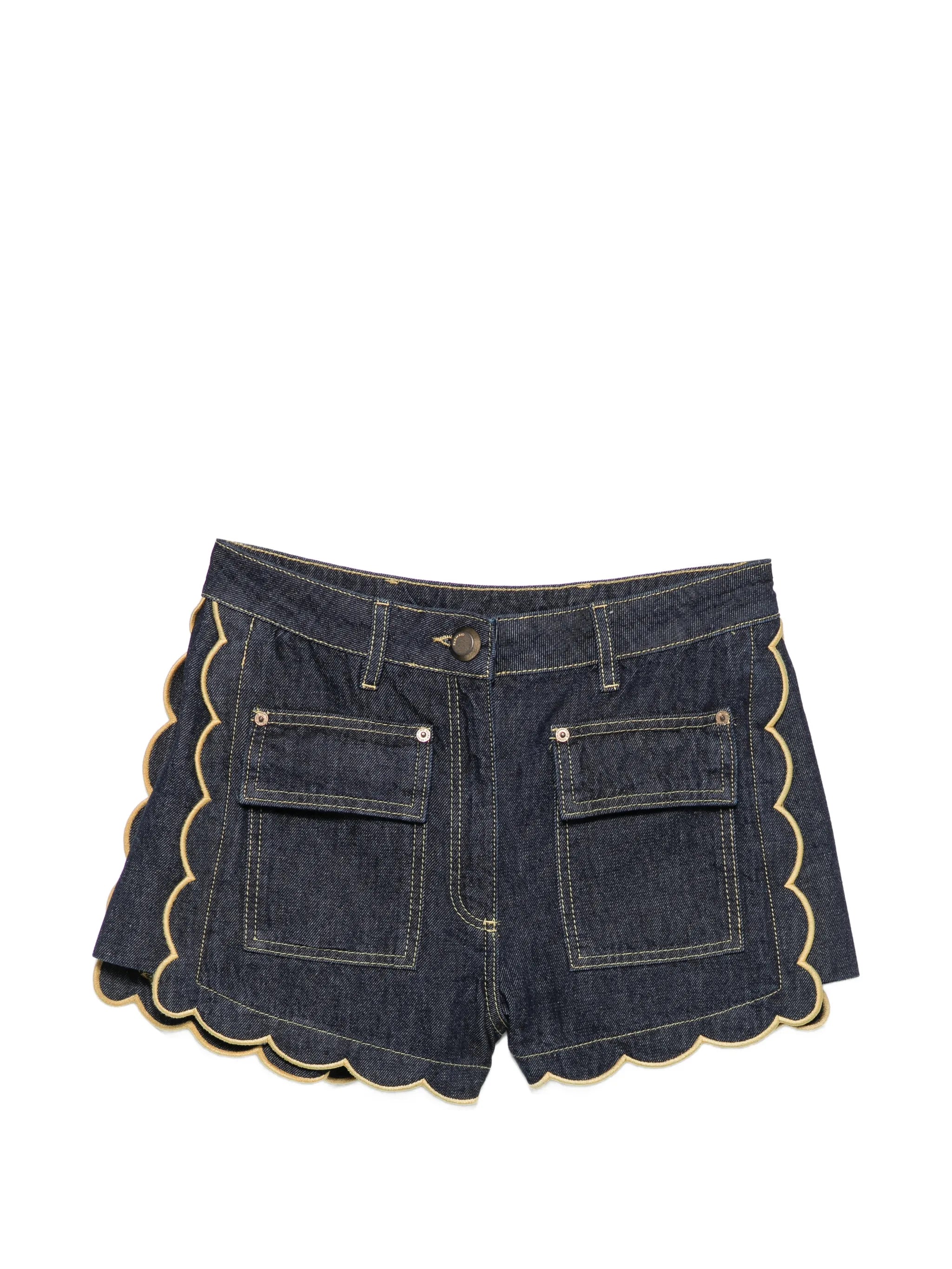 dark denim pockets wavy hem shorts