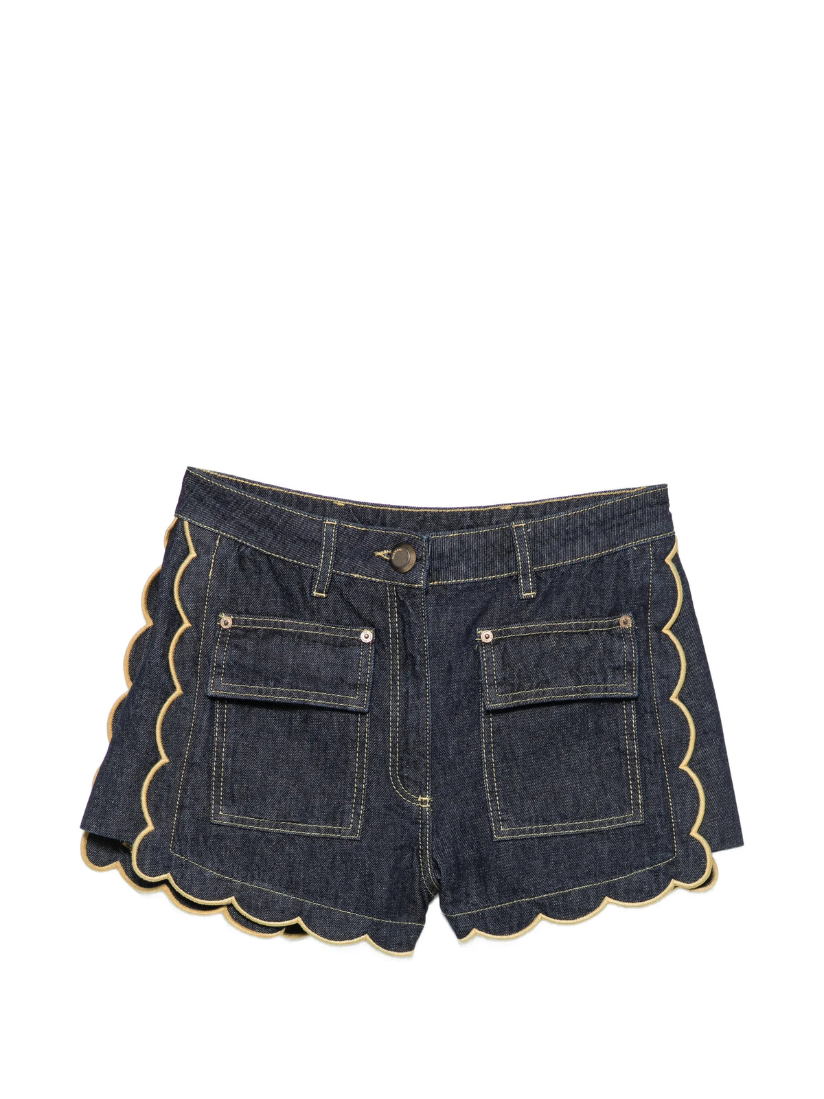 dark denim pockets wavy hem shorts