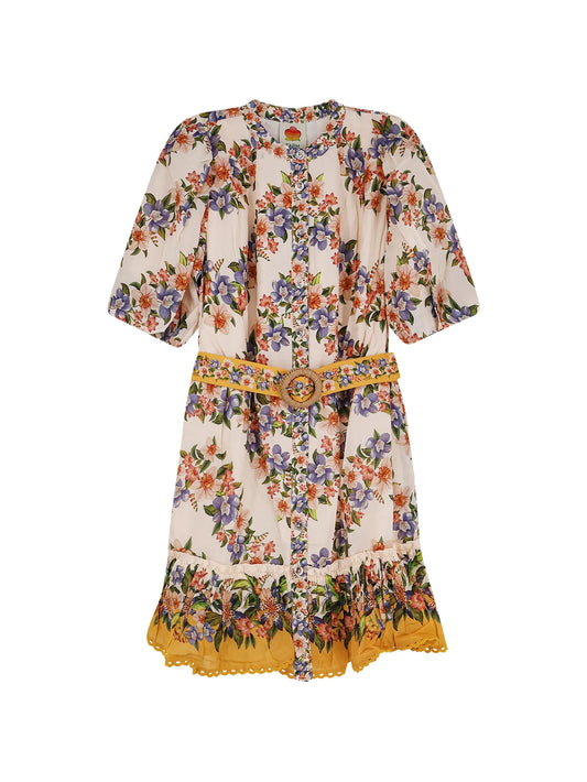 belted floral-print dress