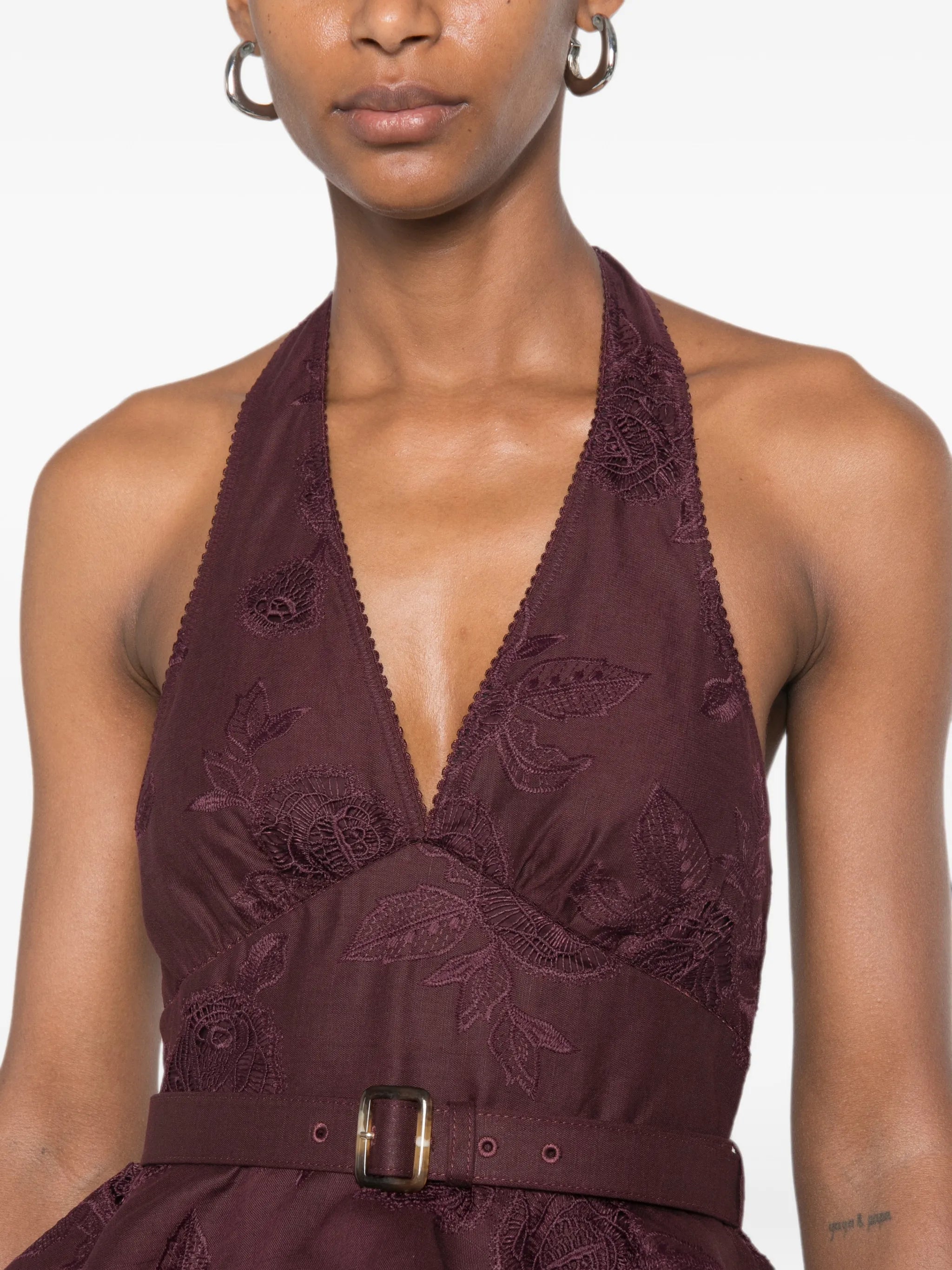 plum linen-blend peplum midi dress