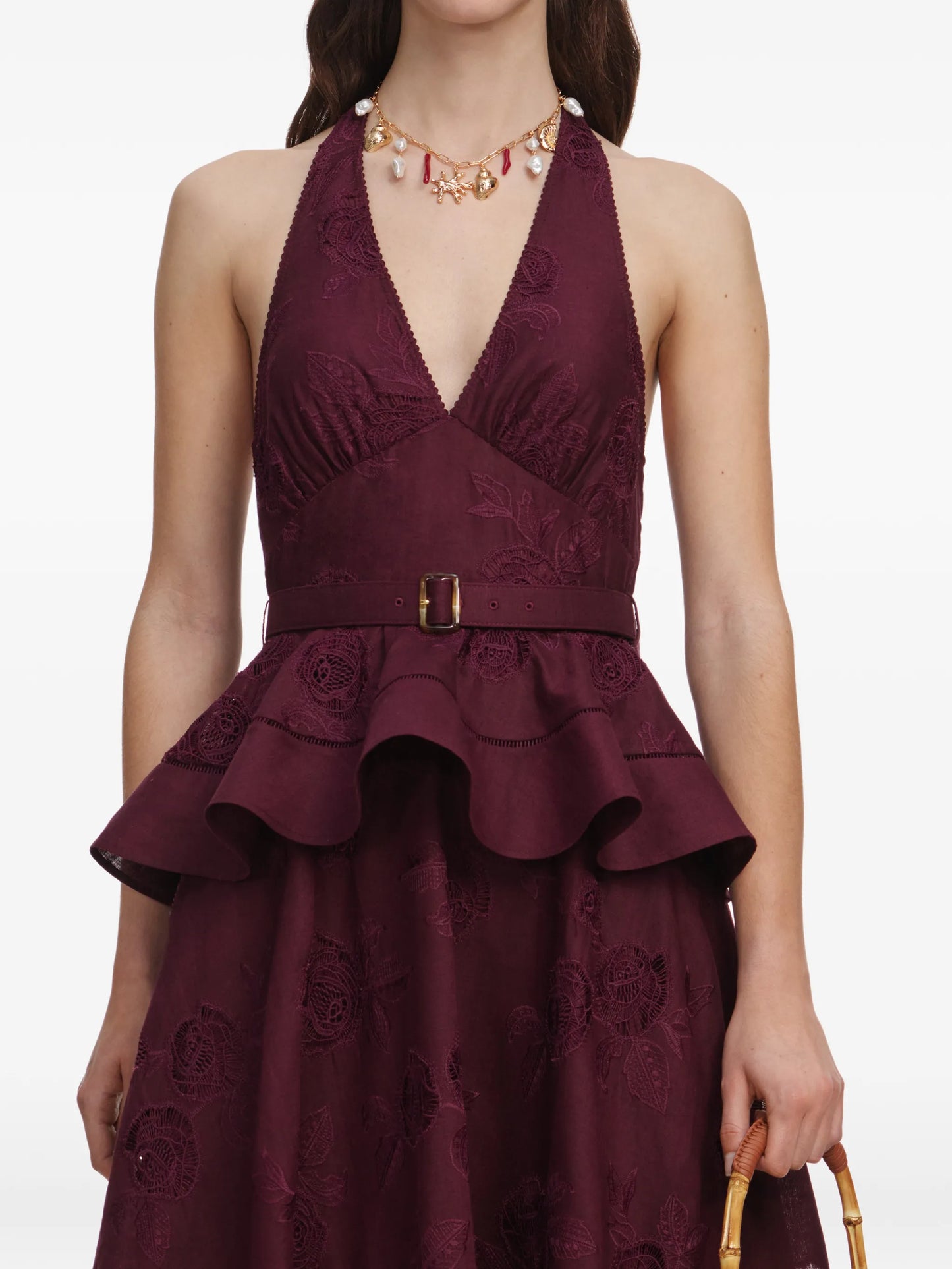 plum linen-blend peplum midi dress
