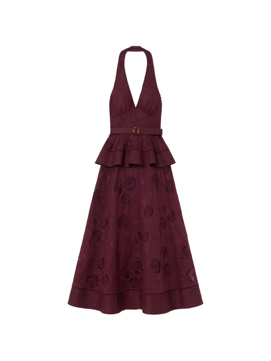 plum linen-blend peplum midi dress