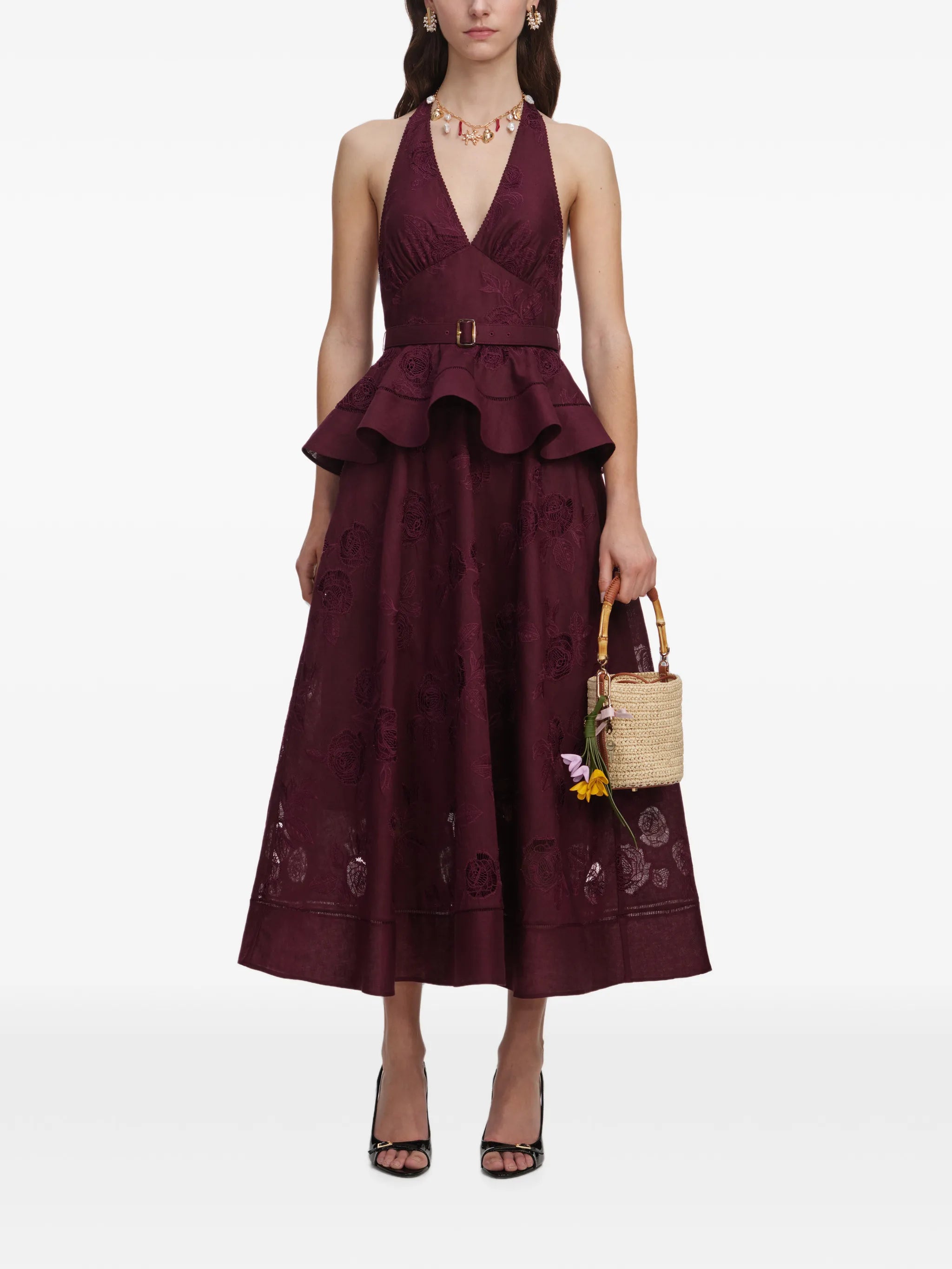 plum linen-blend peplum midi dress