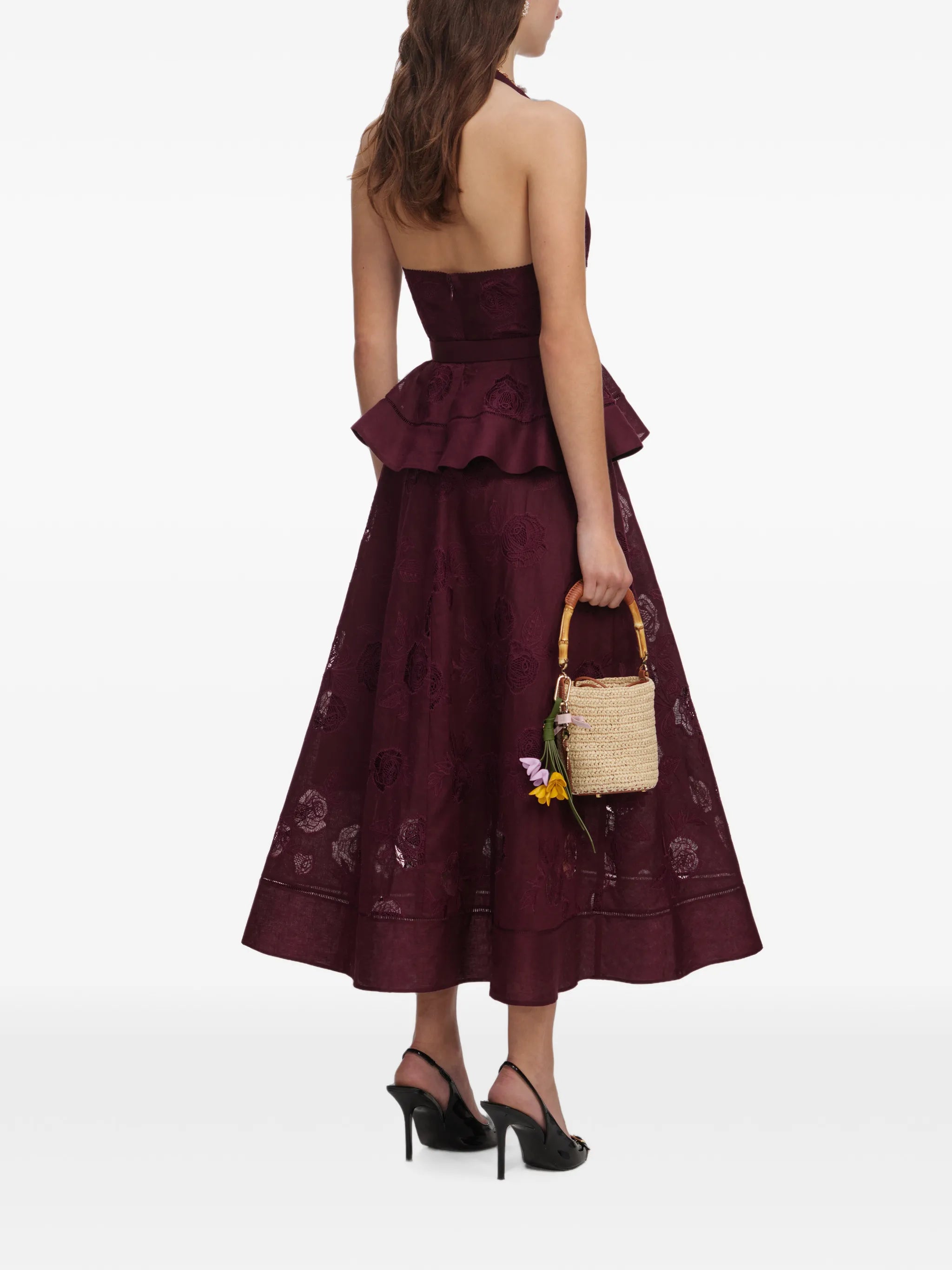 plum linen-blend peplum midi dress