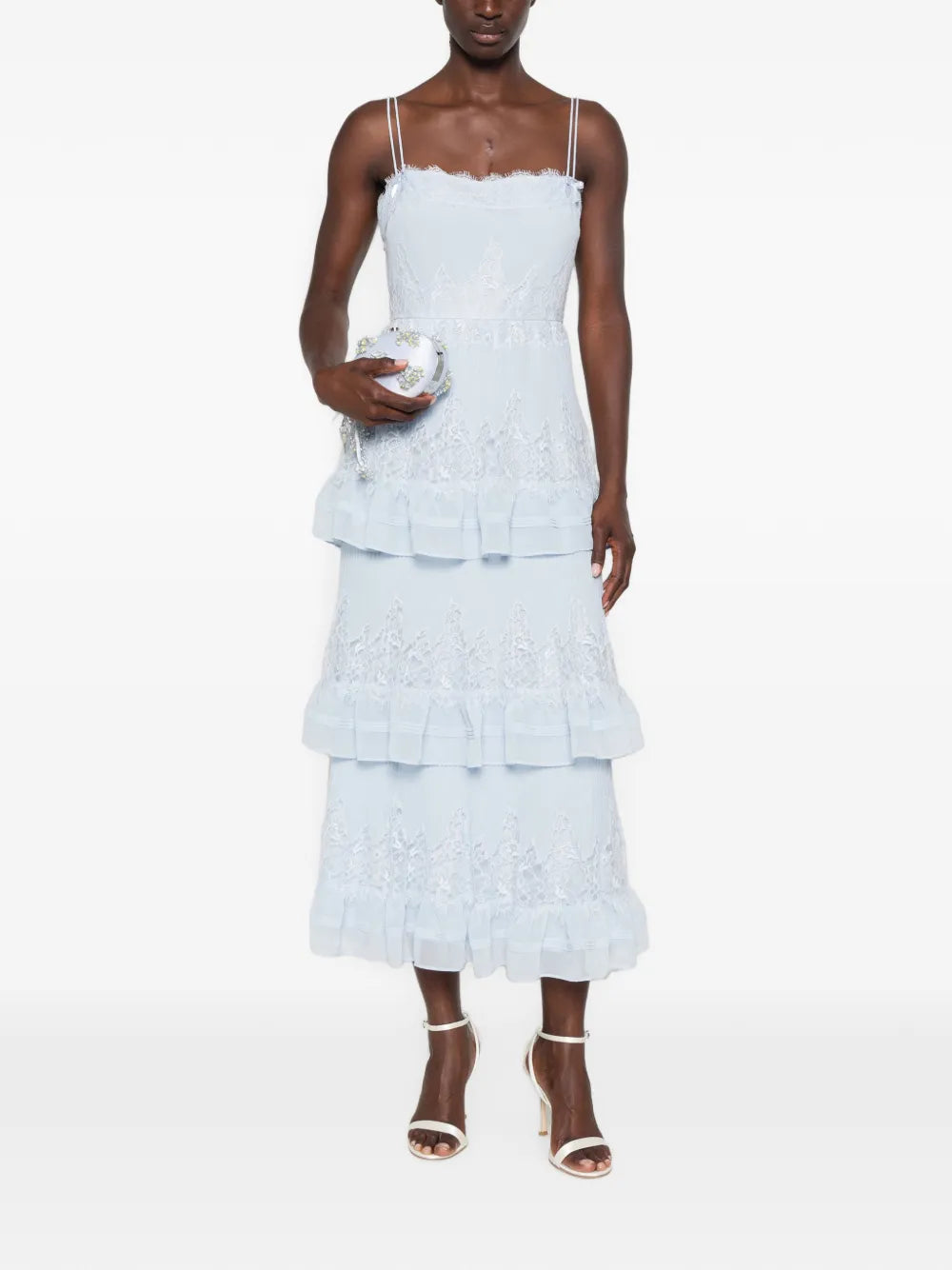 lace-trimmed tiered midi dress