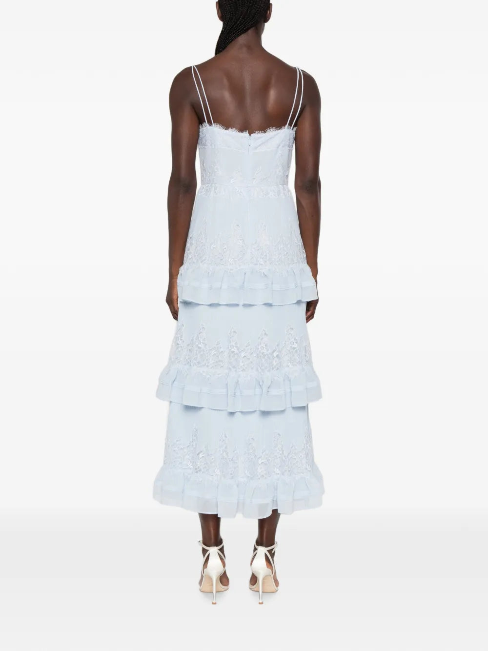 lace-trimmed tiered midi dress