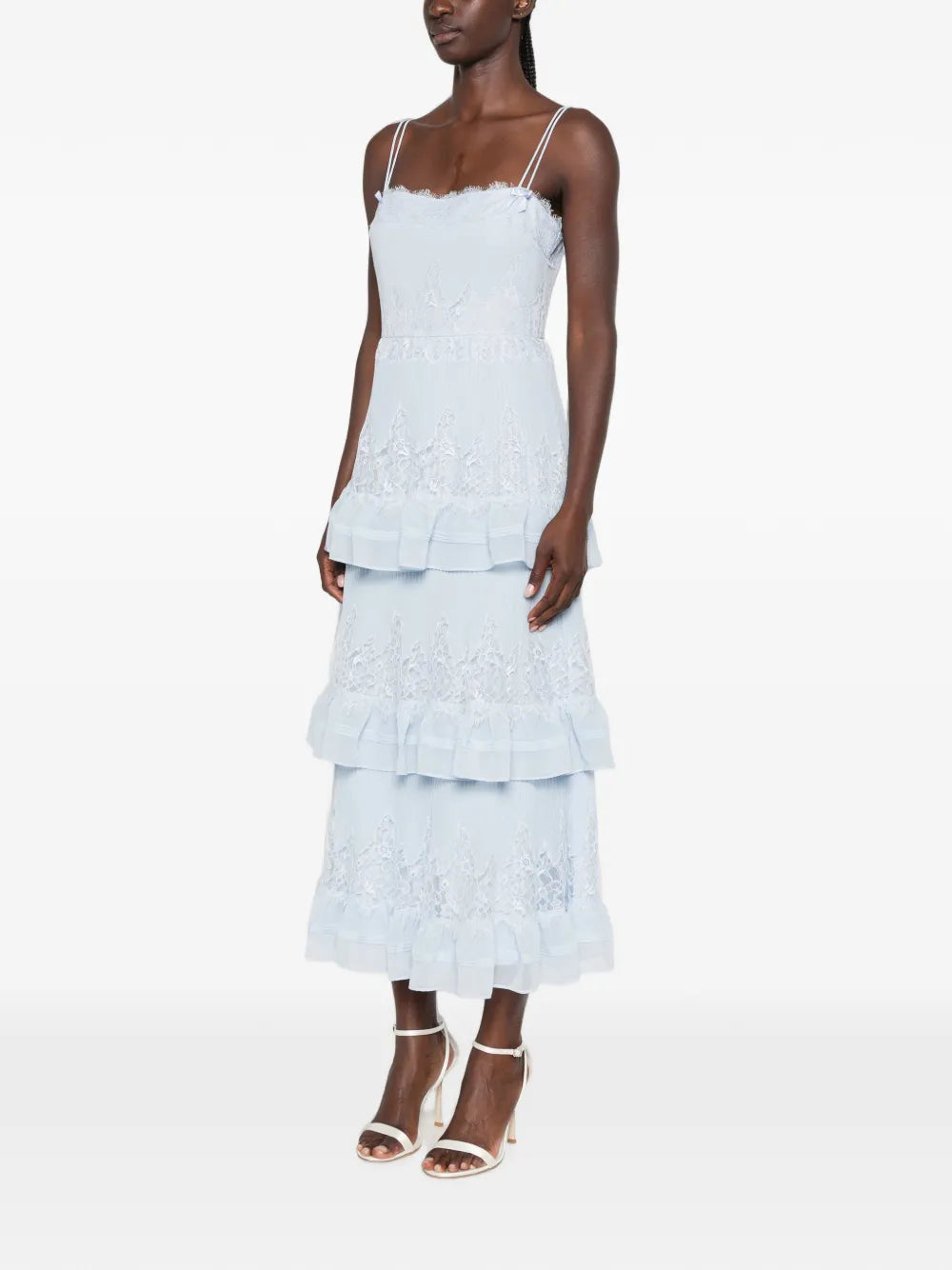 lace-trimmed tiered midi dress