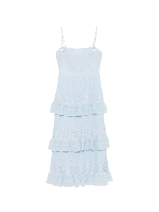 lace-trimmed tiered midi dress